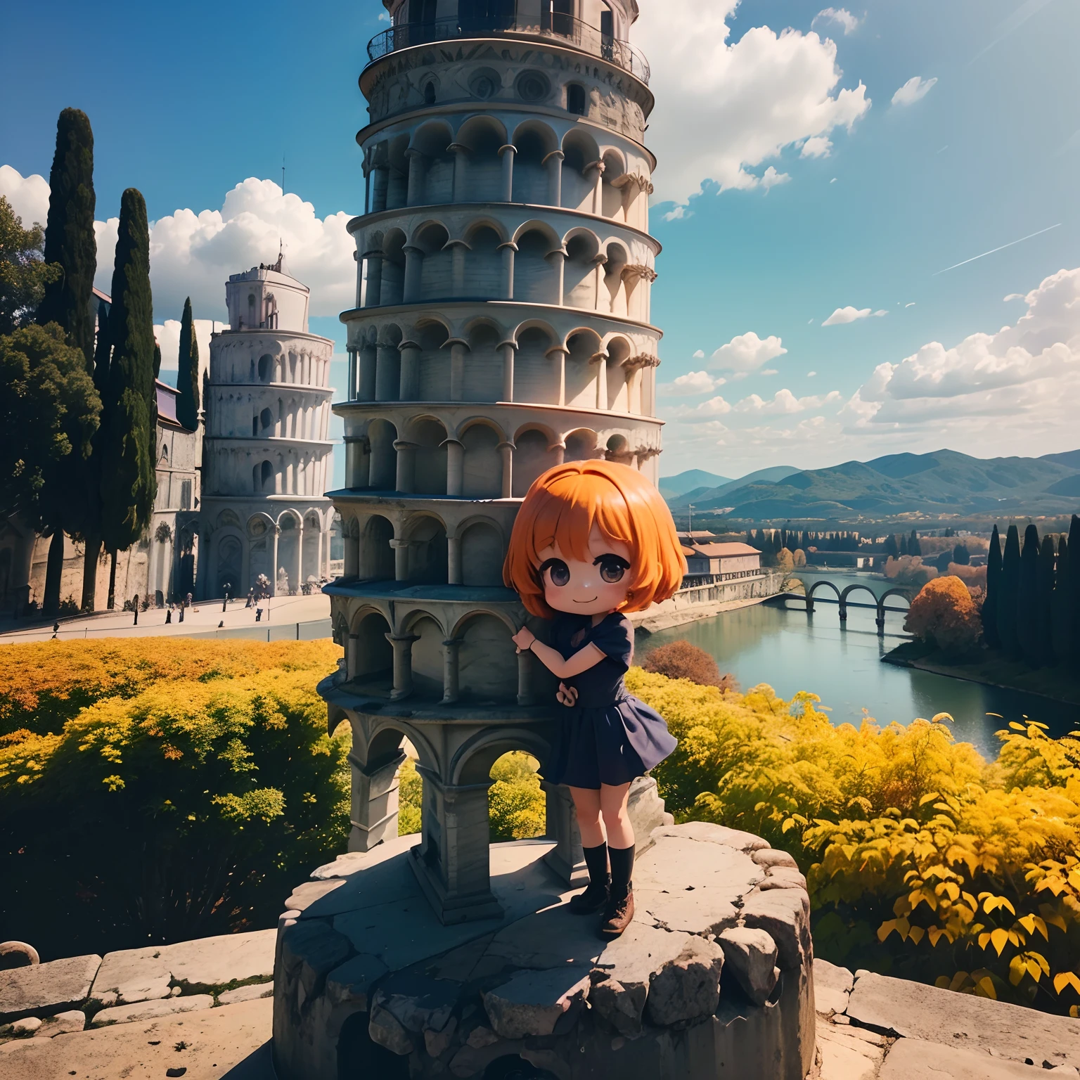 masterpiece、top-quality、ultra-detailliert、(Chibi Chara:1.2)、(Stand at the top of the Leaning Tower of Pisa:1.3)、Shooting with a drone、Below is an autumn forest and a blue lake that appear in a fairy tale、Hair swaying in the wind、Standing、spreading arms widely、A smile