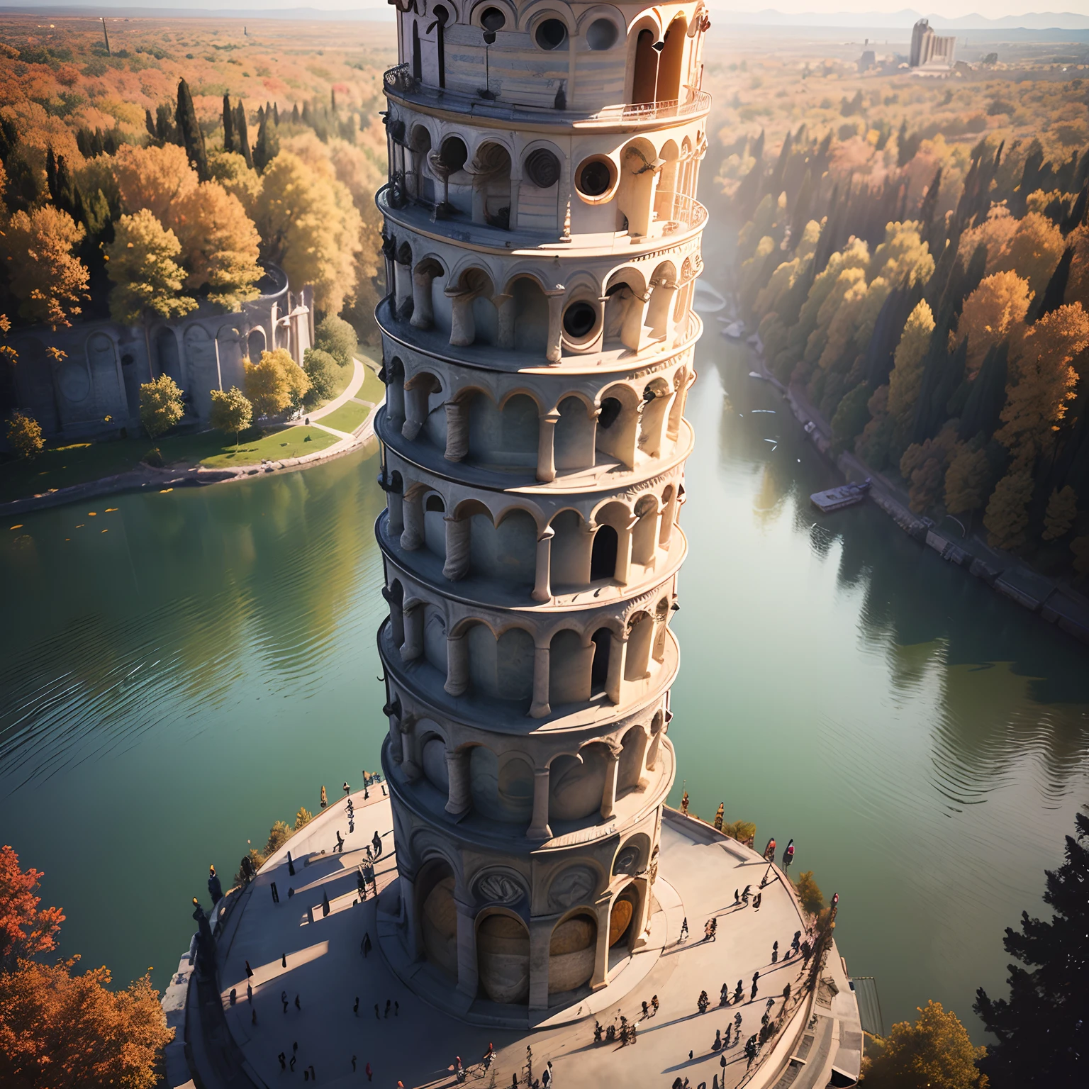 ​masterpiece、top-quality、ultra-detailliert、(Chibi Chara:1.2)、(Stand at the top of the Leaning Tower of Pisa:1.3)、Shooting with a drone、Below is an autumn forest and a blue lake that appear in a fairy tale、Hair swaying in the wind、Standing、spreading arms widely、A smile
