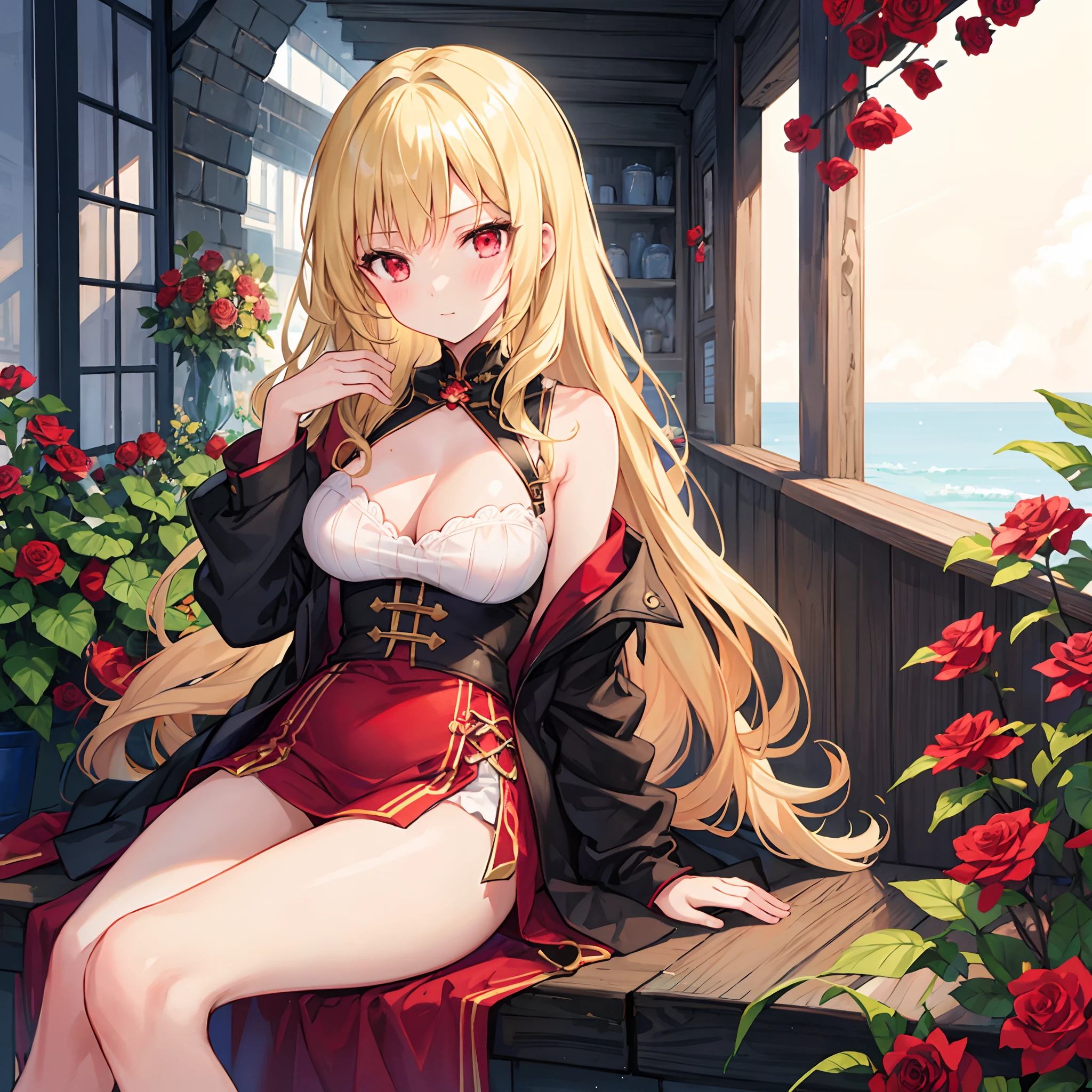 One girl with wavy blonde hair and red eyes、Sitting surrounded by roses、sexy dress、