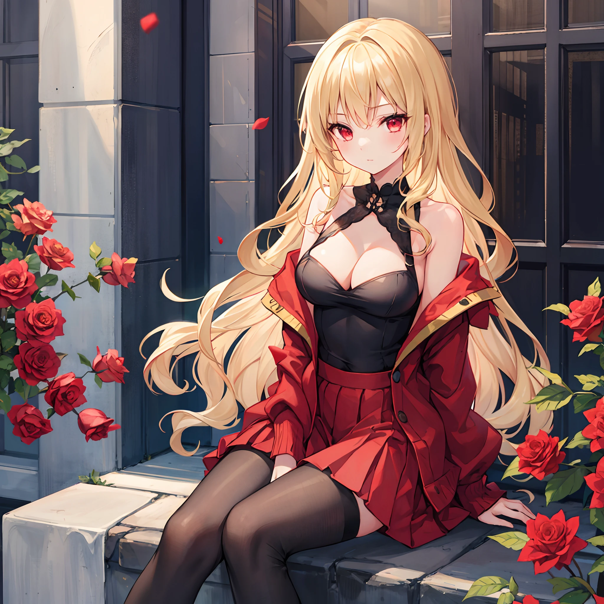 One girl with wavy blonde hair and red eyes、Sitting surrounded by roses、Sexy clothes