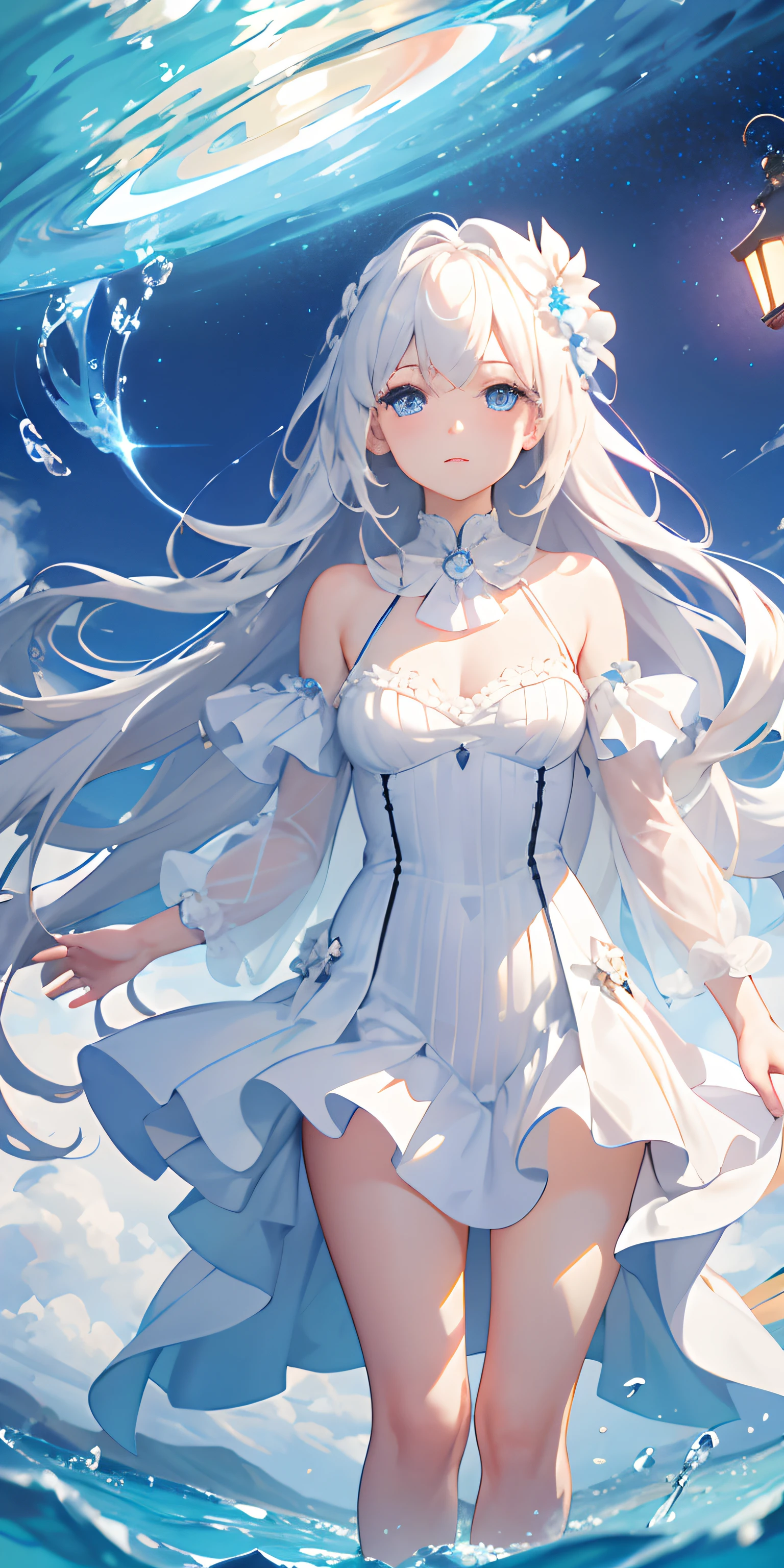 (Masterpiece, Best quality: 1.2),White color hair，Charming maiden，Dreamy，sea beach，lamplight，Deep eyes，Epic，quadratic element，starlights，Wallpapers，Background with