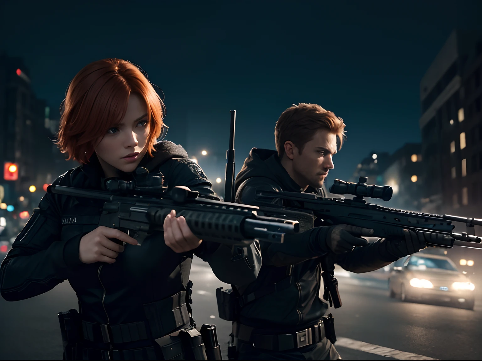 (Two Person:1.6), Ultra Realistic Movie Still of Male and Female Assassin with Short Ginger Hair, (Holding a Rifle in aiming position:1.4), (Wearing Black and Blue Assassin Outfit), Detailed City Road at Night, Dynamic Angle, View From Front, Insane Details, Intricate Scene Details, Cinematic Shot and Lighting, Bokeh Effect, Vibrant and Realistic Colors, Masterpiece, Sharp Focus, Ultra Detailed, Taken with DSLR Camera, Realistic Photography, Depth of Field, Incredibly Realistic Environment and Scene, Master Composition and Cinematography