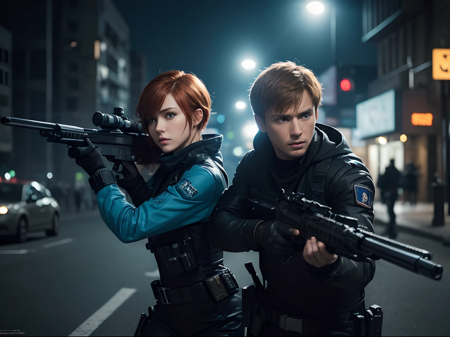 (Two Person:1.6), Ultra Realistic Movie Still of Male and Female Assassin with Short Ginger Hair, (Holding a Rifle in aiming position:1.4), (Wearing Black and Blue Assassin Outfit), Detailed City Road at Night, Dynamic Angle, View From Front, Insane Details, Intricate Scene Details, Cinematic Shot and Lighting, Bokeh Effect, Vibrant and Realistic Colors, Masterpiece, Sharp Focus, Ultra Detailed, Taken with DSLR Camera, Realistic Photography, Depth of Field, Incredibly Realistic Environment and Scene, Master Composition and Cinematography