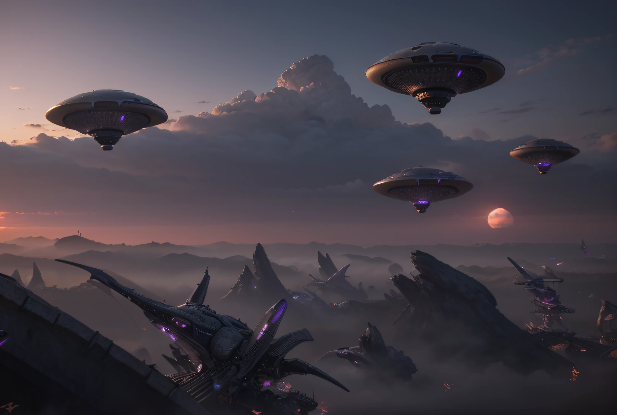 several biomechanical metallic flying saucers, gray color with purple details, dark colors, beautiful sunset, Ultra detailed, Hyper realistic, 4k, Ultra detailed image, realistic, Highly detailed, perfect composition, beautiful intricately detailed incredibly detailed, 8K fine art photography, hyper detailed, Masterpiece