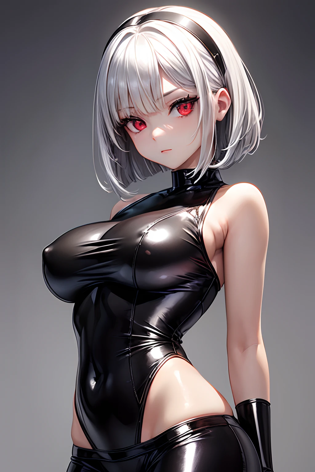 masterpiece,Best Quality,Highly detailed,1girl,Metallic White Silver tanktop,latex,Black Hair Bob,Red Eyes,