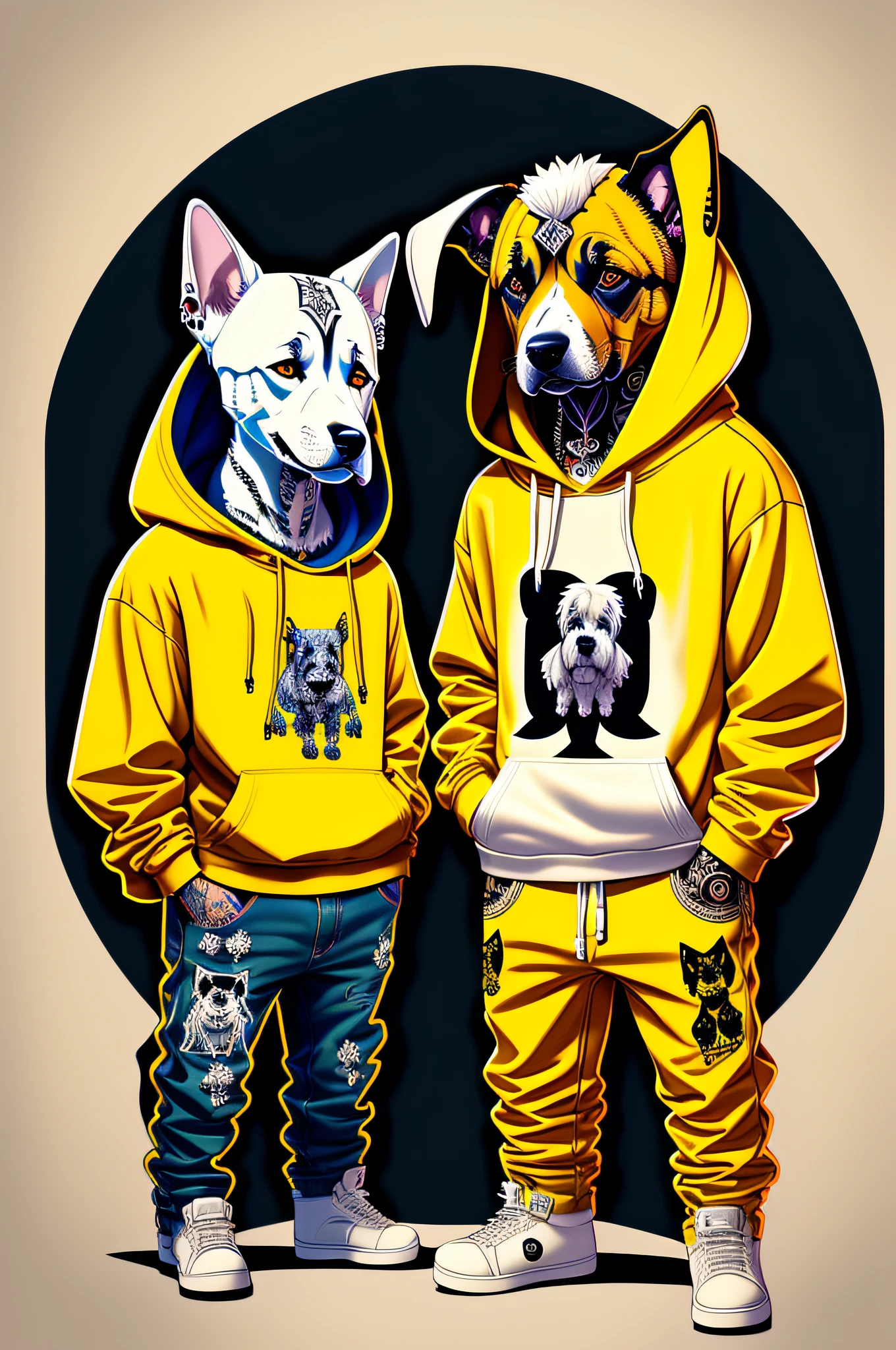 Two cool and trendy dogs talking to each other, White hair, Yellow eyes, Wear trendy hip-hop clothes, Wearing a hoodie, Graphic T-shirt and ripped jeans, Lots of tattoos and piercings, Doodle style background, Highly detailed background, perfect masterpiece, High quality, High resolution --auto
