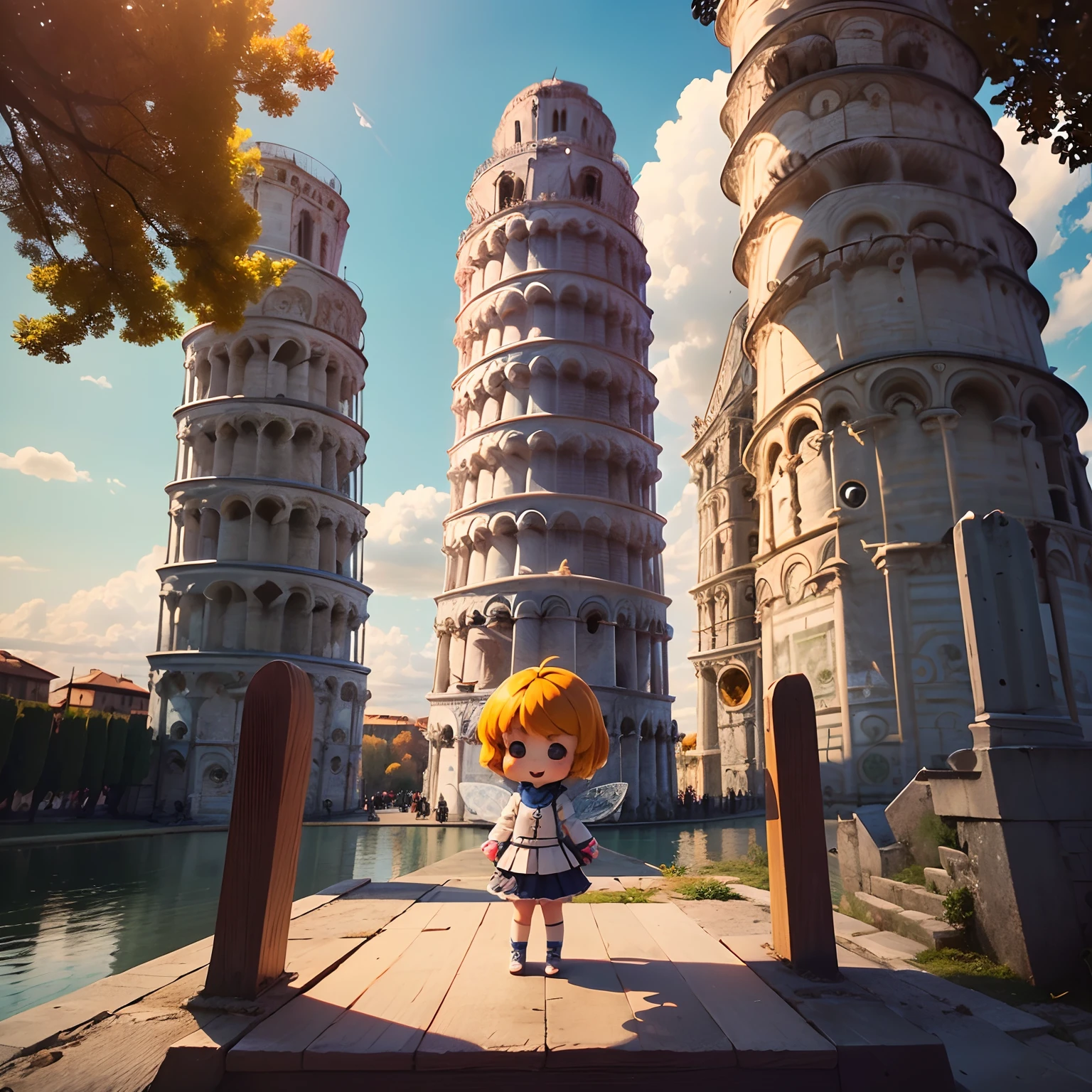masterpiece、top-quality、ultra-detailliert、(Chibi Chara:1.2)、(Stand at the top of the Leaning Tower of Pisa:1.37)、Shooting with a drone、Below is an autumn forest and a blue lake that appear in a fairy tale、Hair swaying in the wind、Standing、spreading arms widely、A smile