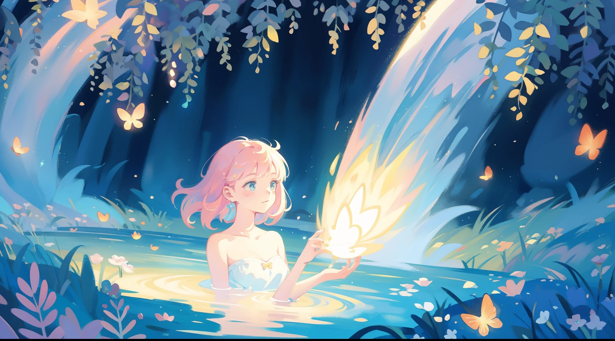 picture book illustration, watercolor storybook illustration, vibrant pastel colors, dreamy, colorful, whimsical, magical, masterpiece, best quality, sharp focus, intricately detailed environment, fine detail, 8k resolution, waterfall lagoon, water nymph girls, magical lagoon, waterfall, lake, beautiful female wood spirits, beautiful princess, glowing lights, fireflies, glowing butterflies, glowing stars