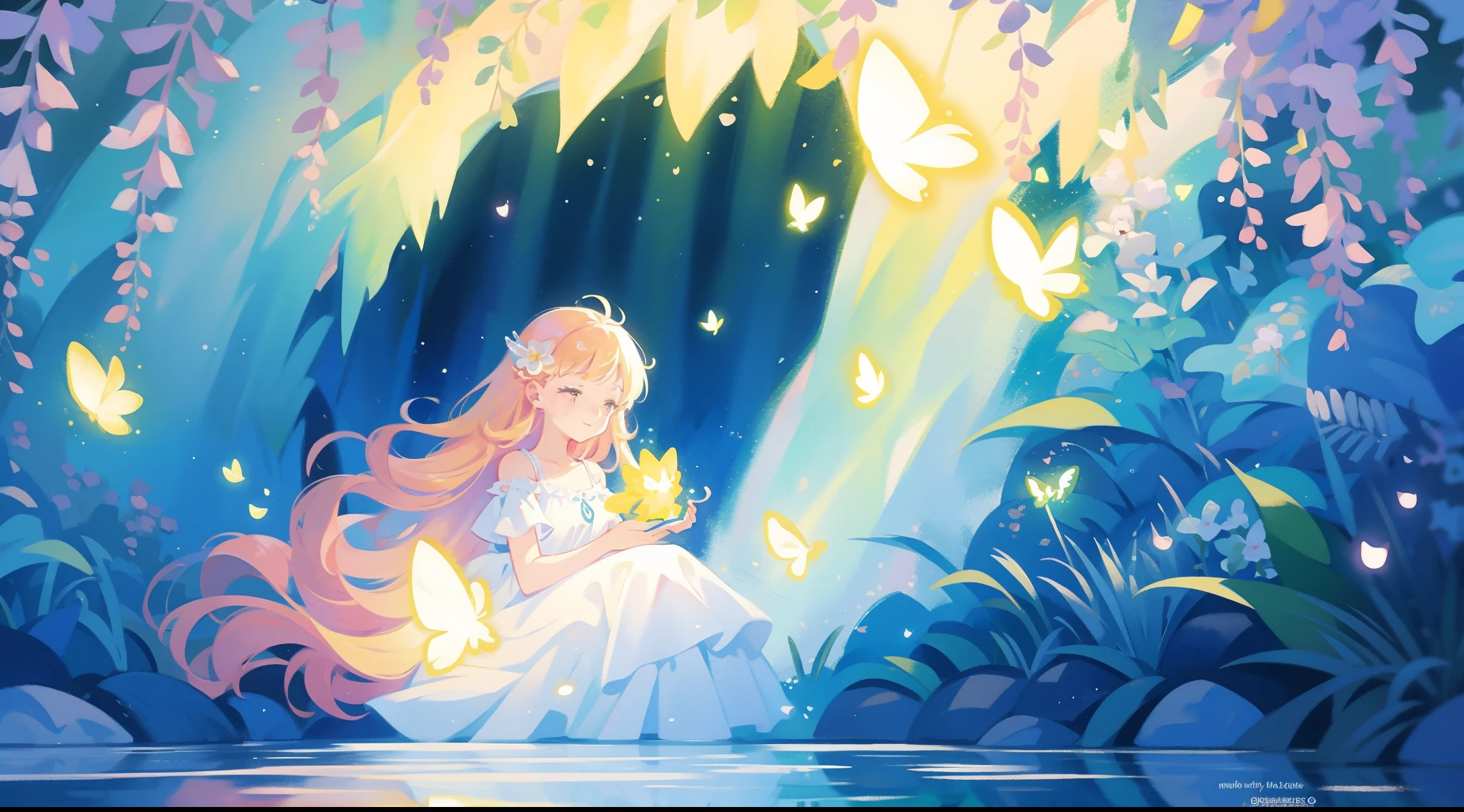 picture book illustration, watercolor storybook illustration, vibrant pastel colors, dreamy, colorful, whimsical, magical, masterpiece, best quality, sharp focus, intricately detailed environment, fine detail, 8k resolution, waterfall lagoon, water nymph girls, magical lagoon, waterfall, lake, beautiful female wood spirits, beautiful princess, glowing lights, fireflies, glowing butterflies, glowing stars