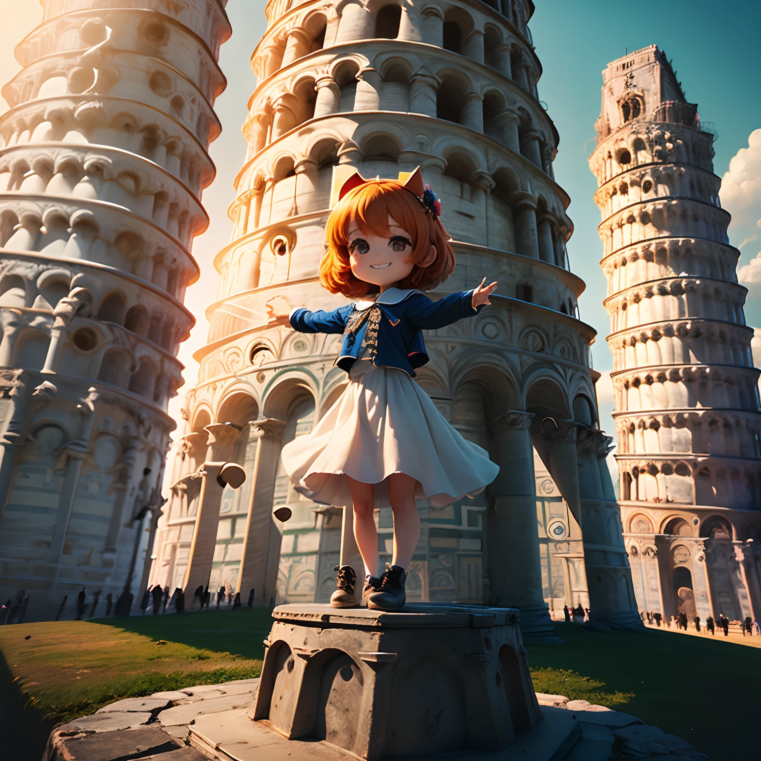 ​masterpiece、top-quality、ultra-detailliert、(Chibi Chara:1.2)、(Stand at the top of the Leaning Tower of Pisa:1.37)、Shooting with a drone、Below is an autumn forest and a blue lake that appear in a fairy tale、Hair swaying in the wind、Standing、spreading arms widely、A smile