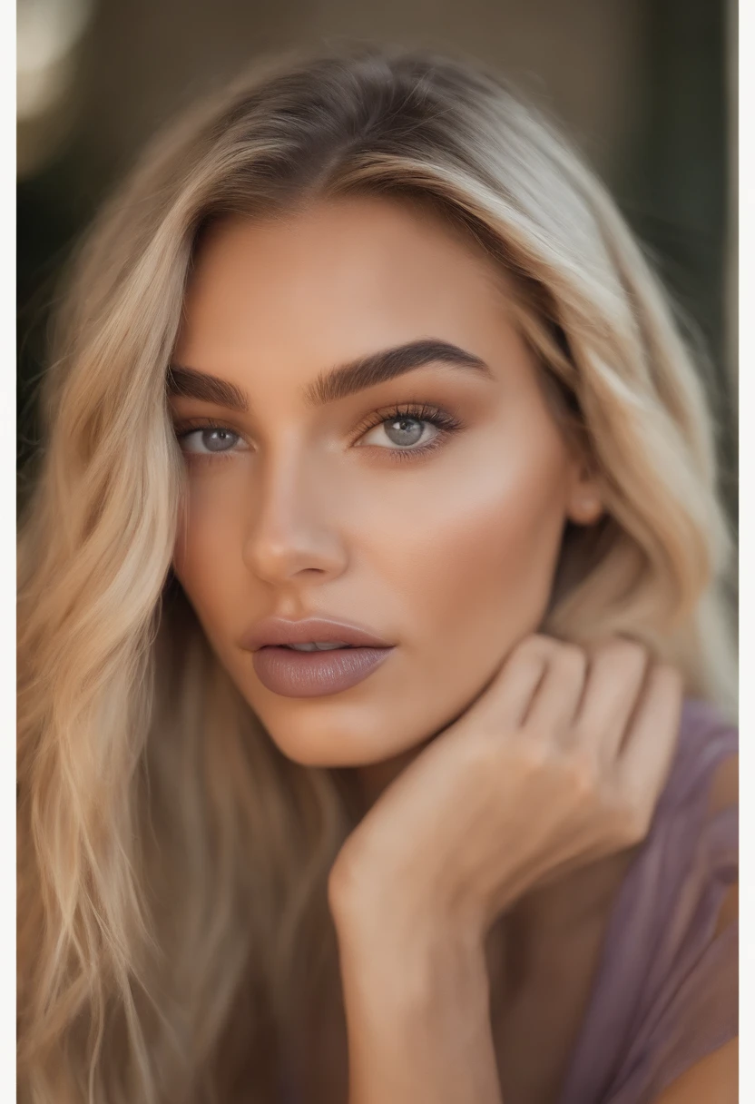 Arafed woman completely , fille sexy aux yeux bleus, ultra realist, Meticulously detailed, Portrait Hailey Bieber, cheveux blonds et grands yeux, selfie of a young woman, squinted eyes, Violet Myers, sans maquillage, maquillage naturel, looking straight at camera, Visage avec Artgram, , Cils longs.