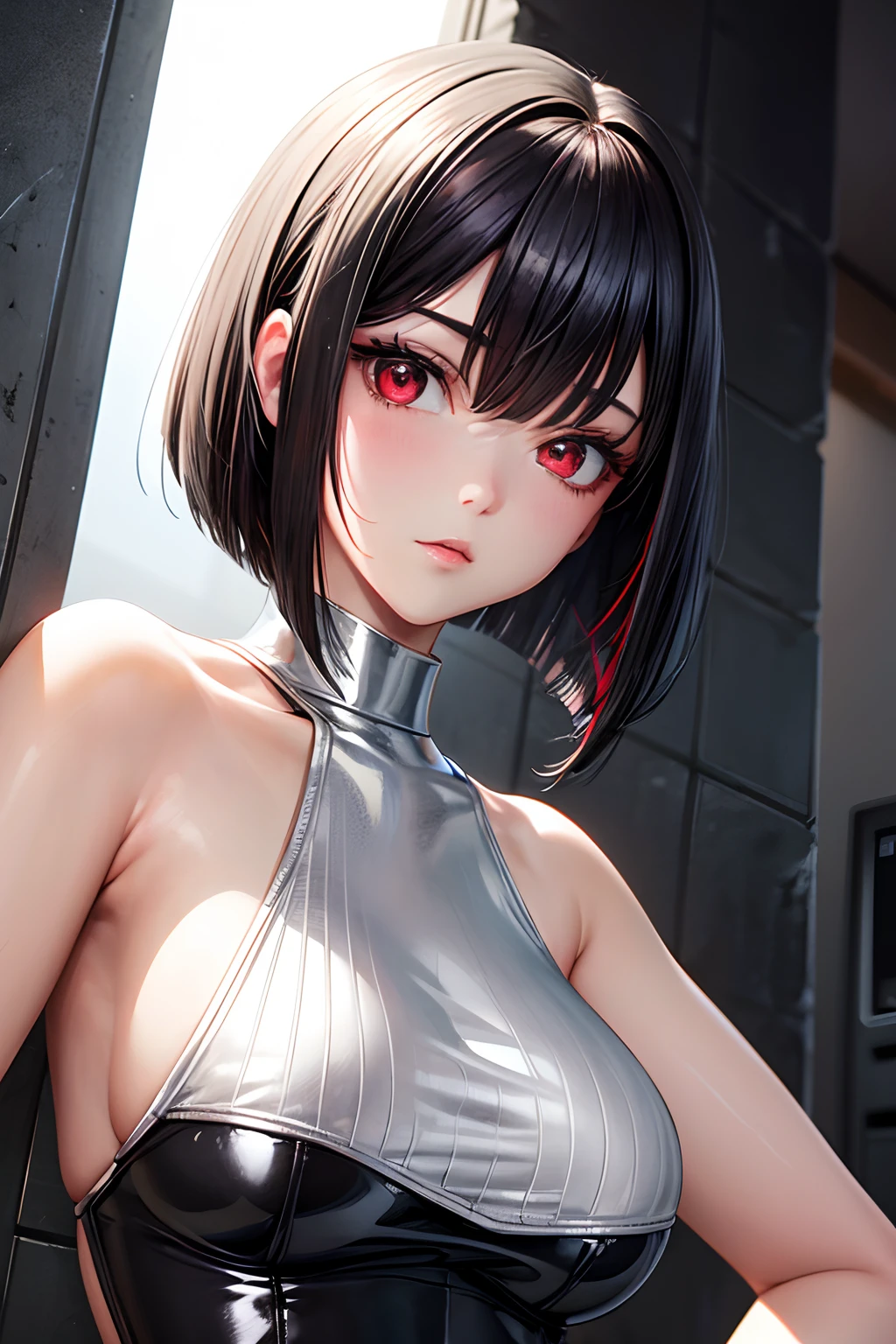 masterpiece,Best Quality,Highly detailed,1girl,Metallic White Silver tanktop,latex,Black Hair Bob,Red Eyes,