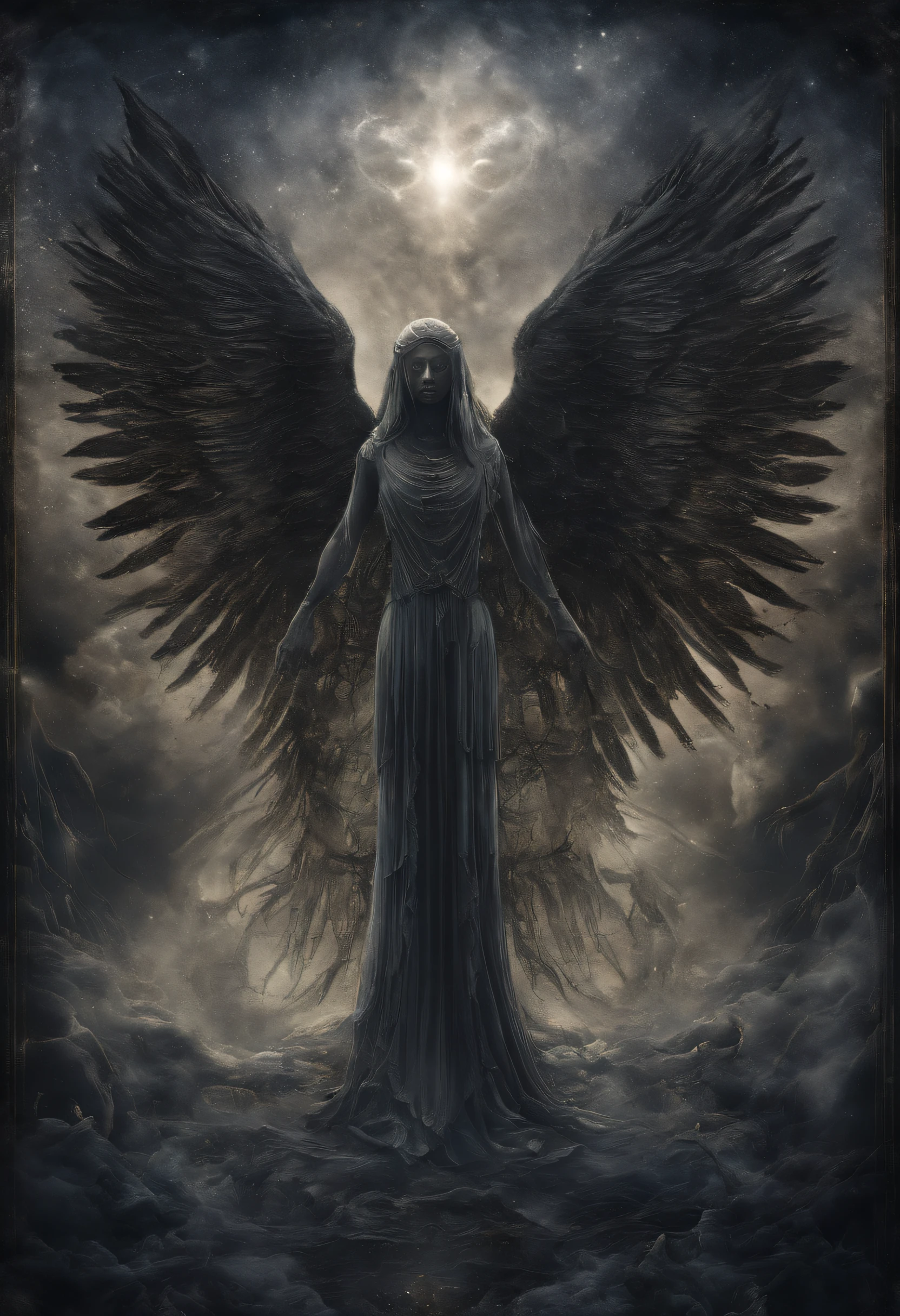 (highres,best quality:1.2),celestial beings,cosmic wings,cosmic eyes,ethereal attire,cosmic glow,divine silence,stunning presence,starlit background,transcendent beauty,divine grace,celestial harmony,cosmic radiance,heavenly glow,mystical aura,luminous atmosphere,serene tranquility,divine power,majestic elegance,sacred energy,cosmic alignment,celestial connection,spiritual transcendence,ethereal light,angelic figures,transcendent realm,celestial artistry,cosmic enchantment,stellar luminescence,heavenly attire,transcendent serenity,celestial radiance,cosmic magic,stunning ethereal beings,lustrous cosmic tapestry,heavenly spectacle,divine countenance,supernatural grace,cosmic vibrations,celestial transcendence,empyrean beauty, make the angel fall from the sky, make it bruised up and pouring rain