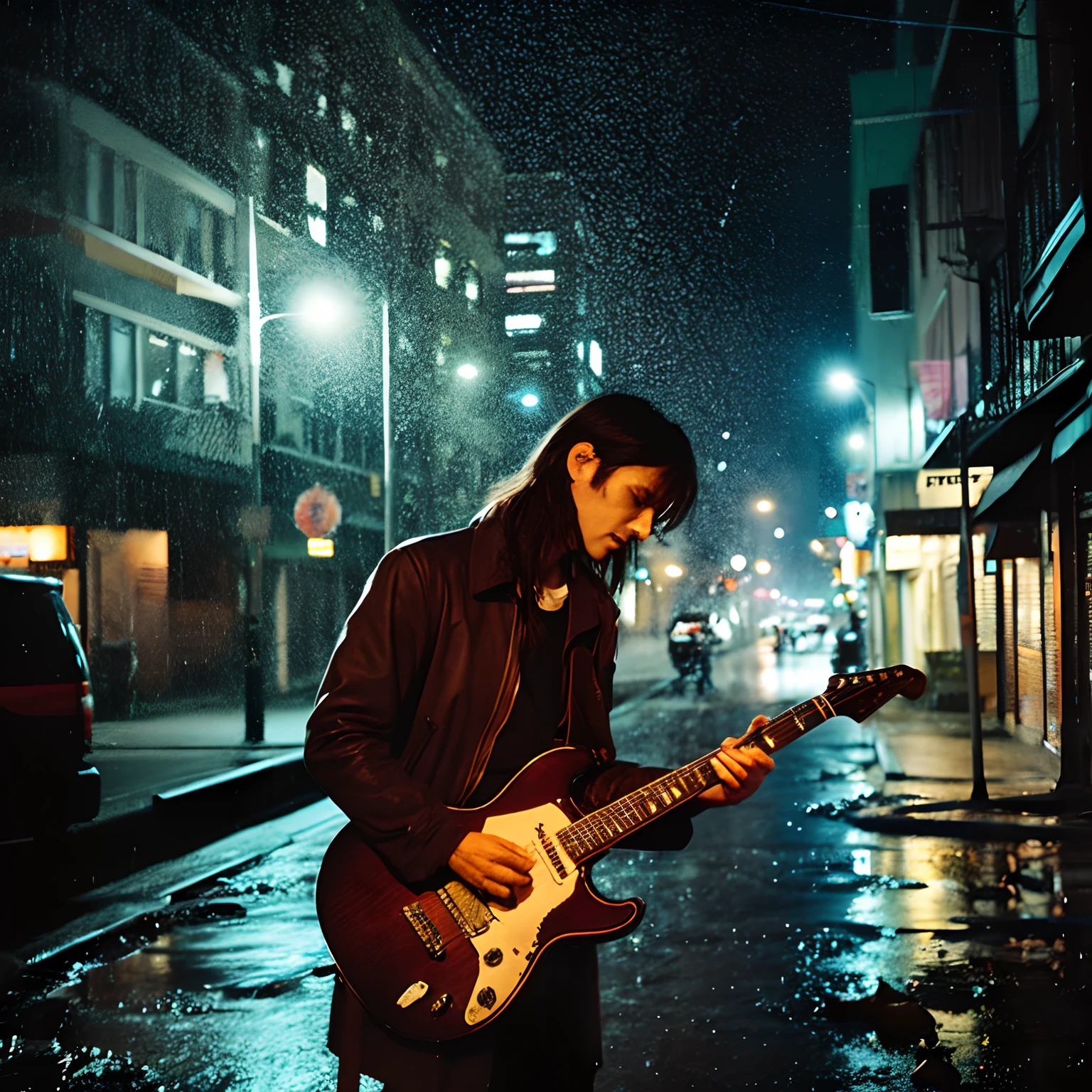 man with long hair, torn clothes, playing guitar in a deserted street, at night, with papers flying, city in ruins, rain of fire in the background, muted colors, rice paper texture