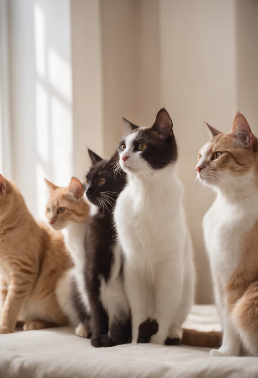 realista, Five cats of different breeds in alert position looking ahead