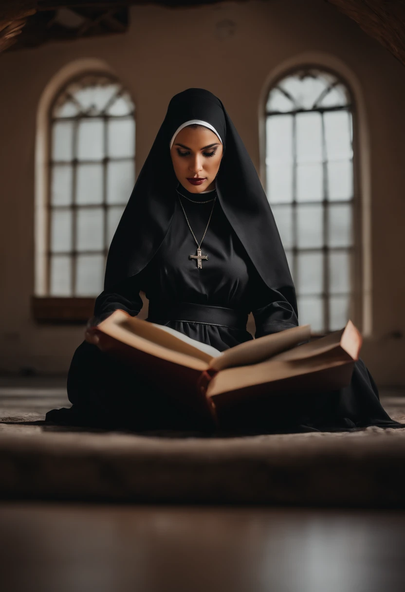 8k, ultra realistic, young Mexican woman in black nun lingerie squatting with legs open, dominant pose holding a book in one hand and a dildo in the other hand, dominant look