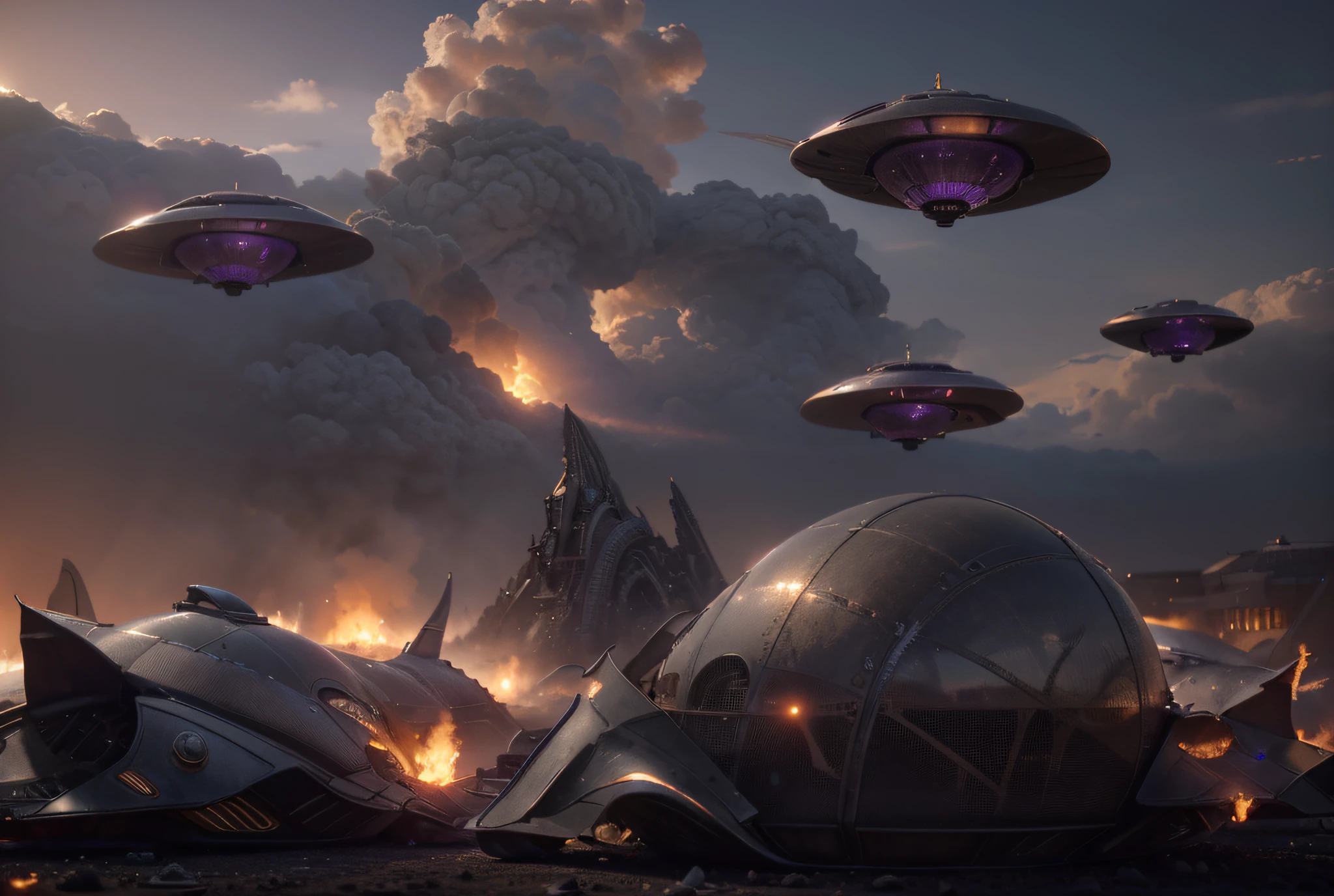 several biomechanical metallic flying saucers, gray color with purple details, burning tanks on the ground, dark colors, beautiful sunset, Ultra detailed, Hyper realistic, 4k, Ultra detailed image, realistic, Highly detailed, perfect composition, beautiful intricately detailed incredibly detailed , 8K fine art photography, hyper detailed, Masterpiece