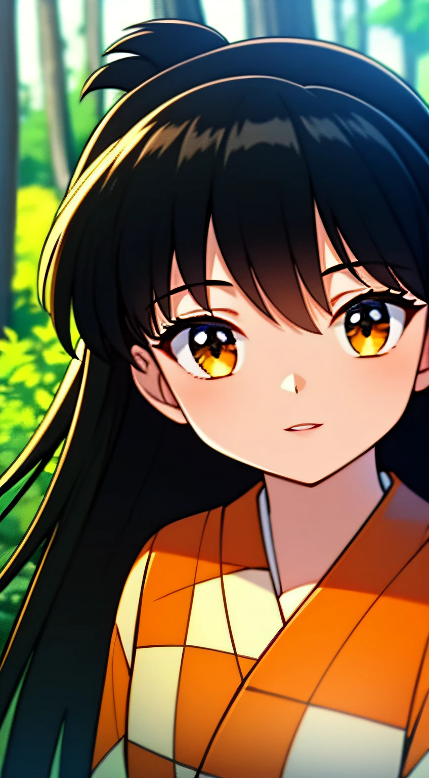 (masterpiece, best quality, extremely detailed CG, beautiful detailed eyes, ultra-detailed, intricate details:1.2), 8k wallpaper, elaborate features, glistening shiny, glowing light, ray tracing, HDR, deph of field, (perfect face, detailed face, detailed eyes), beautiful lips, 8k, HD, perfect lighting, glowing eyes, ((looking at viewer)), ((beautiful detailed eyelashes)), solo:1.4, (( outdoors)), female , portrait,
1girl, RinIY, rin (inuyasha), petitirl, brown eyes, black hair, long hair, spiked bangs, spiked hair, layered hair, japanese clothes, orange kimono, checkered kimono, long sleeves, wide sleeves, green obi,