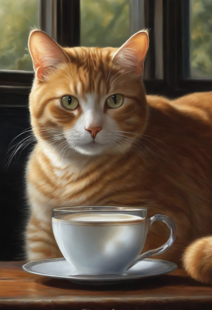 There was a cat sitting next to a glass of milk, cat drinking milk, Illustration of 1 cat, Ultra-Realistic Illustrations, Ultra-Realistic Illustrations, Hyper-realistic illustration, A cat. Realistic painting, author：Wayne England, Realistic illustration, Ultra-Realistic Illustrations, Portrait, Close portrait, Award-winning surrealism, author：Lisa Mirroy, by Galen Dara