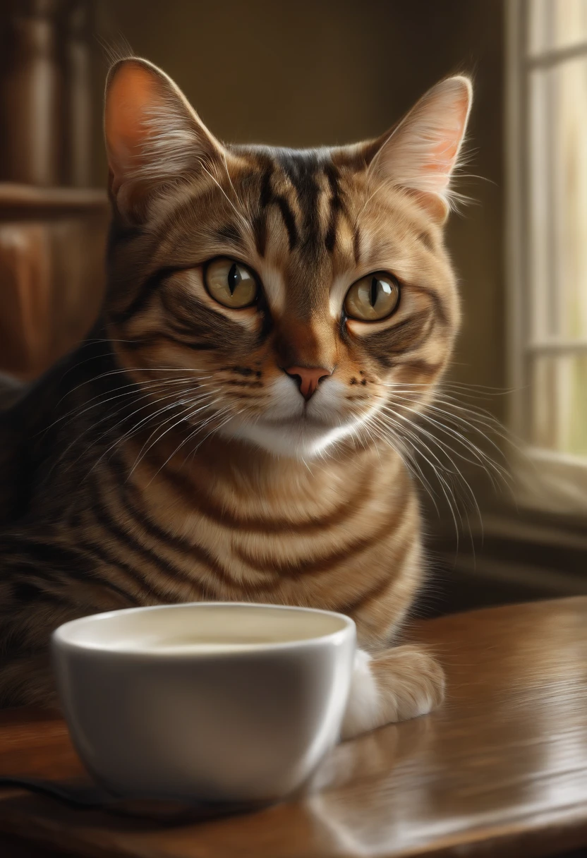 There was a cat sitting next to a glass of milk, cat drinking milk, Illustration of 1 cat, Ultra-Realistic Illustrations, Ultra-Realistic Illustrations, Hyper-realistic illustration, A cat. Realistic painting, author:Wayne England, Realistic illustration, Ultra-Realistic Illustrations, Portrait, Close portrait, Award-winning surrealism, author:Lisa Mirroy, by Galen Dara