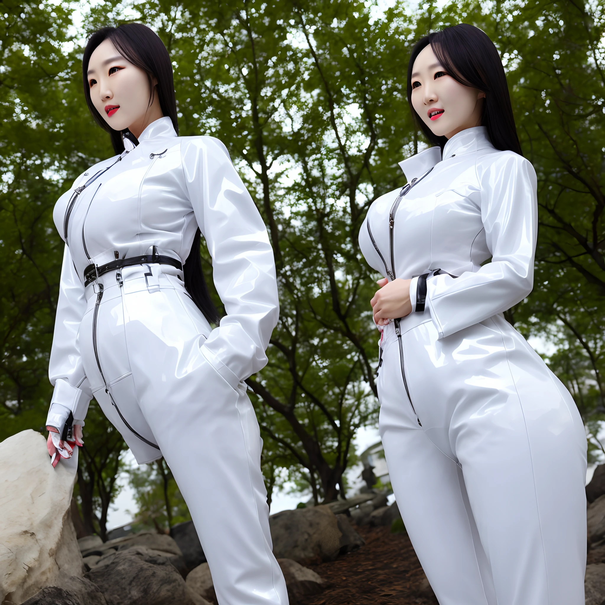8k, realistic, mature chinese women in white latex pants, outdoors