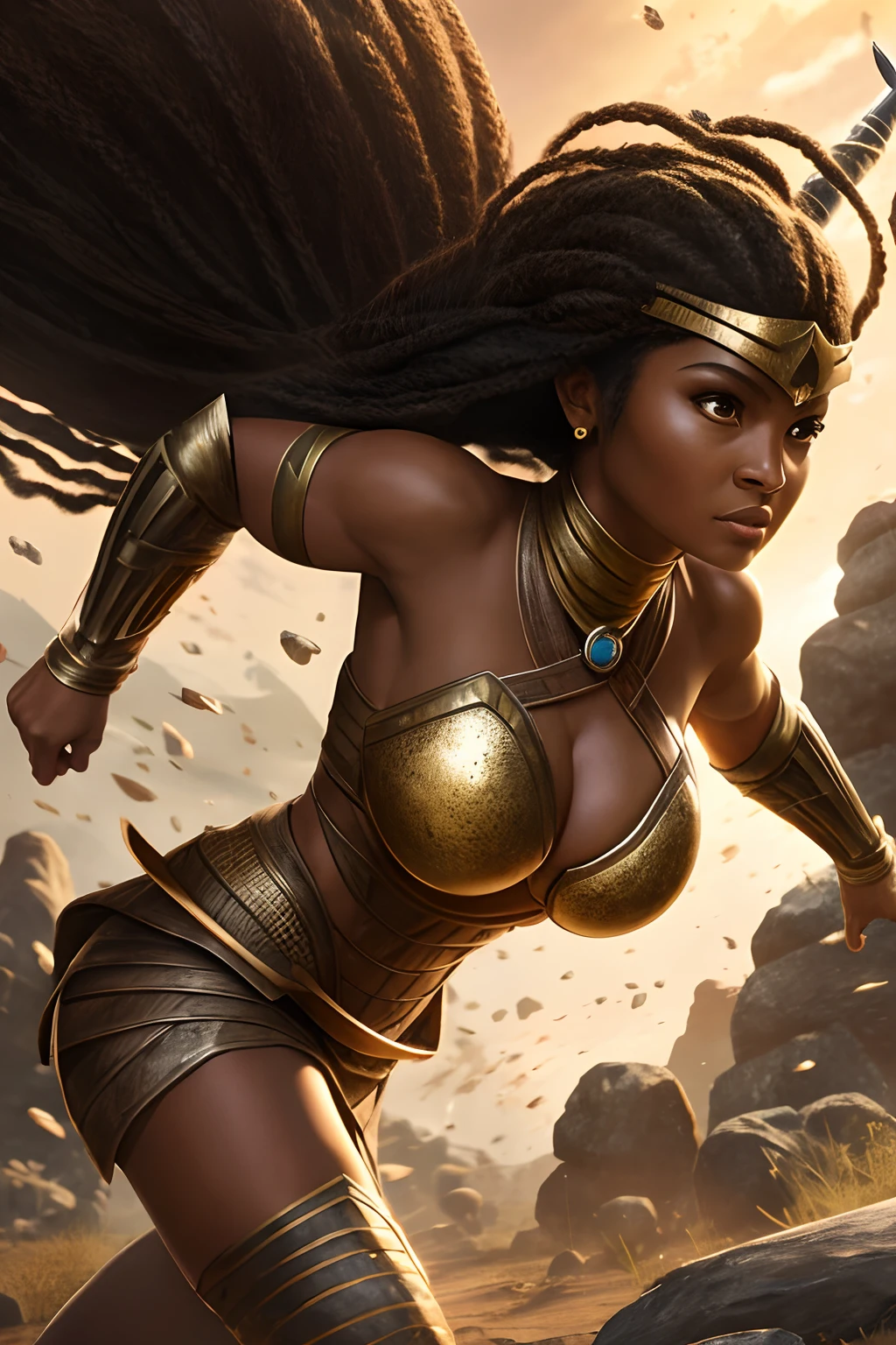 Uma mulher em uma armadura marrom e branca, olhando para frente, She's in battle stance, And your power is to control the earth, Depois, There are rocks all over the body, Her hair is black in the cutscene to see her full body She's launching an attack on an enemy that isn't showing up in the cutscene.