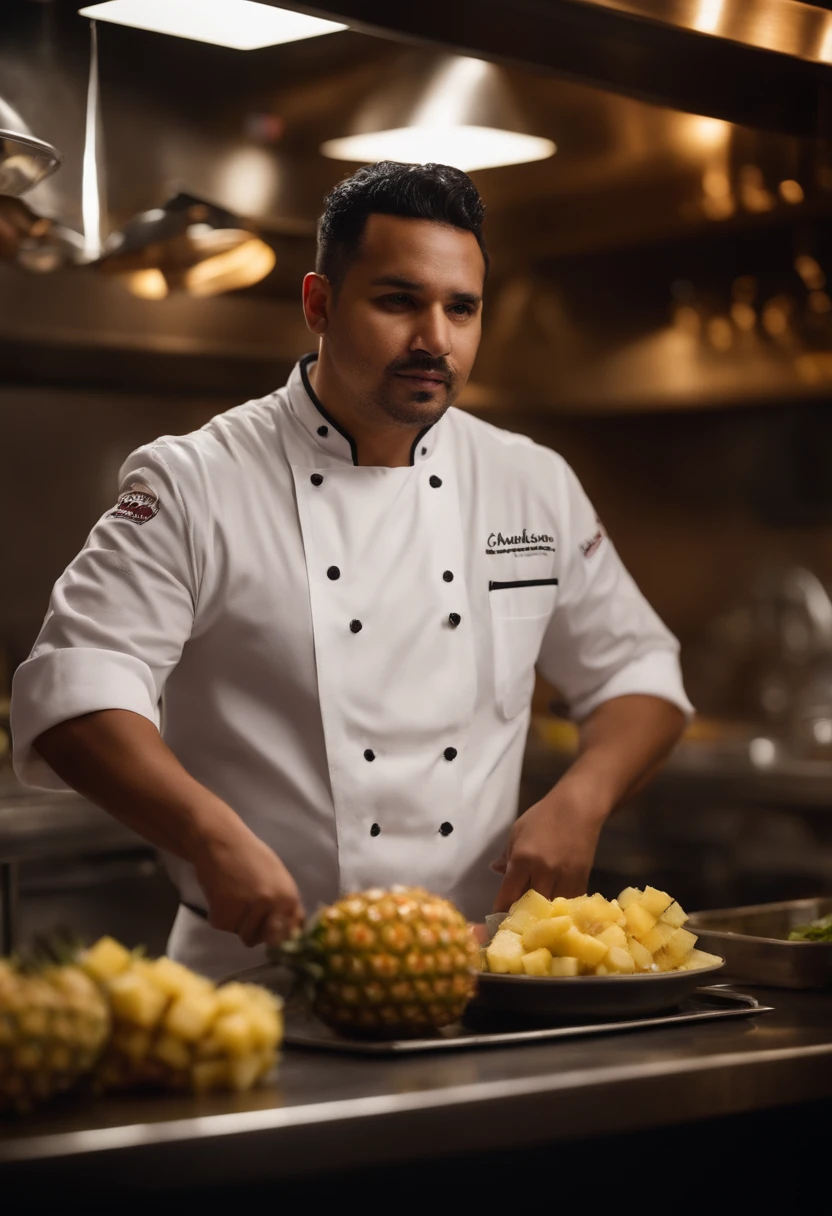 hispanic, chef, offers pineapple salsa, back of house, indonesian kitchen, restaurant, dive bar, movie quality, large staff, chefs, dishwasers