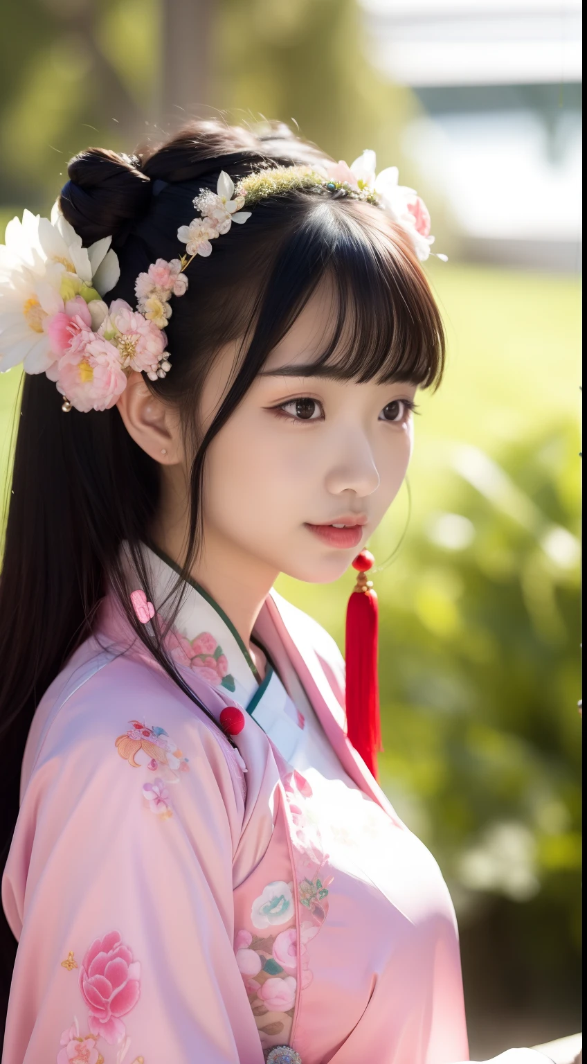Close-up of a young girl in a pink dress and a green flower headdress, China Princess, Chinese girl, Palace ， A girl in Hanfu, Young Asian girl, Princesa chinesa antiga, Cute young girl, Chinese style, young girl, cute beautiful, Beautiful character painting, beautiful portrait image, Very beautiful girl, Asian girl, Chinese traditional, Chinese costume，Large breasts