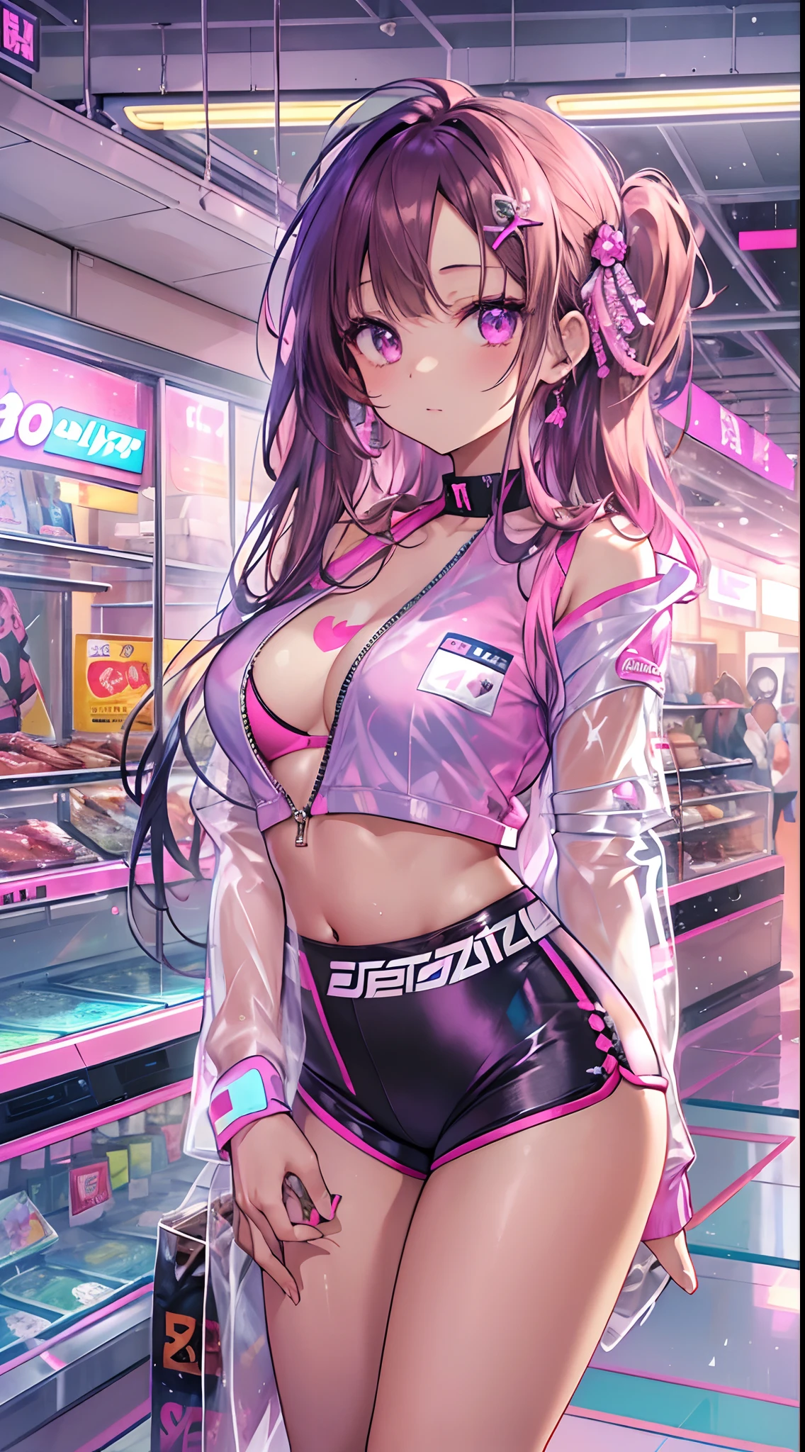 ((Masterpiece)), best quality, absurderes, ultra detailed, holographic, cowboy shot, golden ratio, super cute girl, mature girl, idol girl, super beautiful asian girl with very beautiful violet glowing eyes, beautiful glowing brown multicolored hair, high ponytail, nice and sexy body, slim body, perfect body, an anime printed super tight off shoulder long sleeve crop top, wearing super tight anime print micro shorts, a super aesthetic transparent mini jacket, beautiful hair ornament, pink jordan tennis, being photographed in a mall shop,( undressing, taking off micro shorts, showing neon pink panties, showing thong: 1.5)