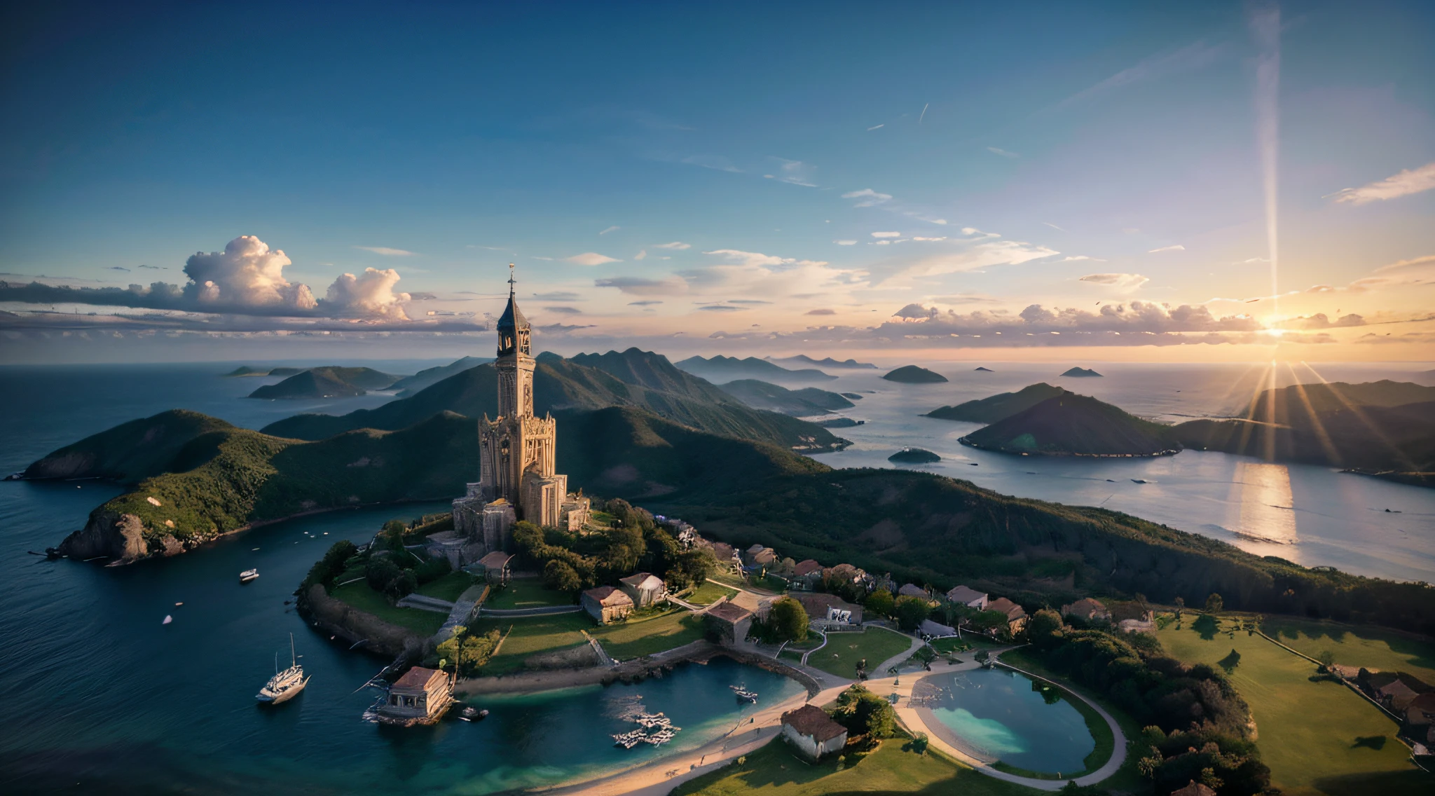 Aerial view of a magical world, with an architectural tower made of emerald in the center of the scenery, crystal clear waters, Late afternoon sky, luz de por do sol vindo da direita para esquerda, photographic light, foto ultra realista, Cinematographic photo, Scene in epic composition, Invasion of the color purple within the scenery, twilight sky, Anoitecendo.