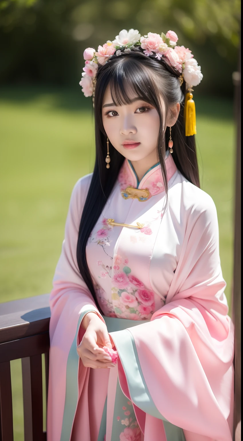 Close-up of a young girl in a pink dress and a green flower headdress, China Princess, Chinese girl, Palace , A girl in Hanfu, Young Asian girl, Princesa chinesa antiga, Cute young girl, Chinese style, young girl, cute beautiful, Beautiful character painting, beautiful portrait image, Very beautiful girl, Asian girl, Chinese traditional, Chinese costume,Large breasts