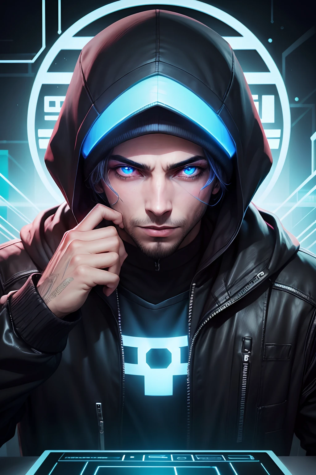homem com capuz, hacker, cyberpank, olhos vermelhos