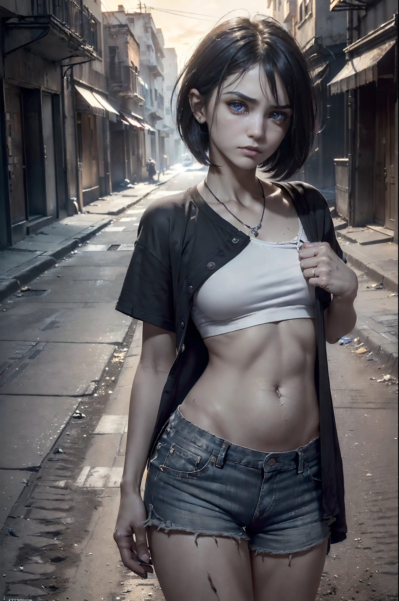 (((front view))), ((Unreal Engine 5)), ((Masterpiece)), ((ultra high definition)), ((ultra high resolution)), ((full sharpness)), ((maximum quality)), ((Cinematic)), ((8k)), ((Homeless Girl)), ((street girl)), ((drug addict)), ((symptoms of fentanyl use)), ((drugs)), ((ultra slim)), ((skeletal)), ((very hungry)), ((sad face)), ((alone)), ((full body)), ((ultra detailed face)), ((ultra detailed eyes)), ((ultra realist eyes)), ((ultra detailed irises)), ((totally normal irises)), (((identical irises))), ((ultra delicate hands)), ((ultra detailed hands)), ((small hands)), ((ultra detailed fingers)), ((natural lighting)), ((ultra small breasts)), ((dirty skin), ((totally ultra realistic)), ((repeat the same face)), ((always the same face)), ((repeat always the same face)), ((always the same body)), ((always the same proportions)), ((always the same clothes)), ((always the same characteristics)), ((very flat belly)), ((looking at the camera)), ((wearing micro shorts and micro t-shirt)), ((straight hair)), ((ultra short hair)), ((on a deserted, dirty and dark street)), ((very dirty clothes))