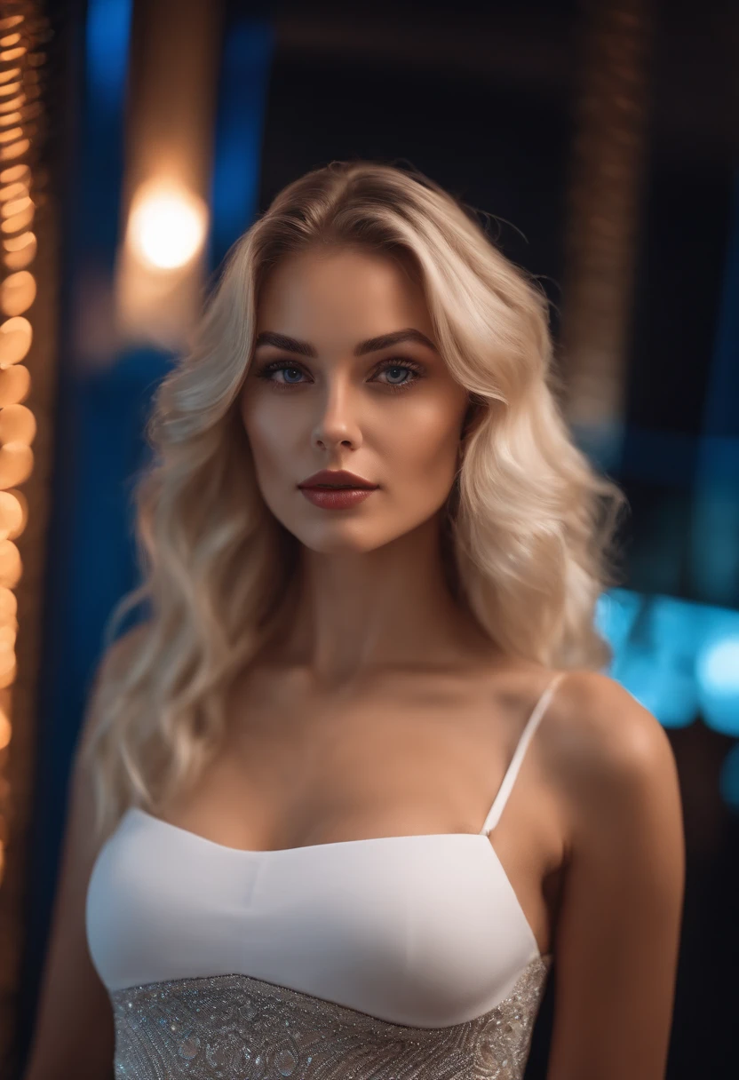 realistic white female instagram influencer, best quality, blonde, 1 girl, blue eyes, in white tight short dress in the club