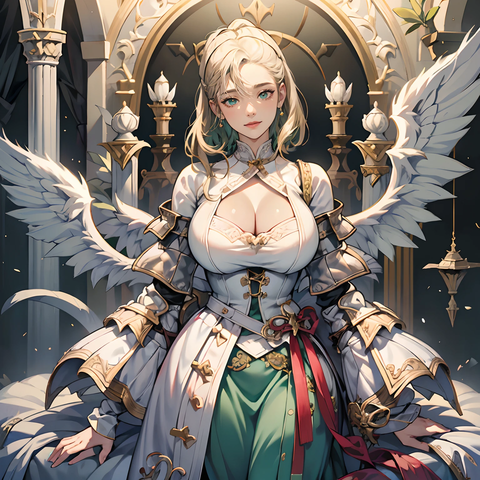 Women in Their 20s、angelicales、Angel Soldier、large white wings on the back、fantasy worlds、offcial art, unity 8k wall paper, ultra-detailliert, beautifly、Aesthetic, ​masterpiece, top-quality, Photorealsitic、detailed costume、depth of fields, Fantastic atmosphere, Calm palette, tranquil mood, Soft shading、Round face、plump figure、very large breast、Happy smile、Staring at this、Paladin、Woman knight、Dull silver armor、Blue-green eyes、platinum-blonde、Has a very large sword and shield:1.0、Big sword:2.0、in woods、short-cut、length hair、White fabric、dynamicposes、Green Plains、You can see the forest in the distance、You can see the castle at the top of the mountain、Beautiful natural scenery、majestic view