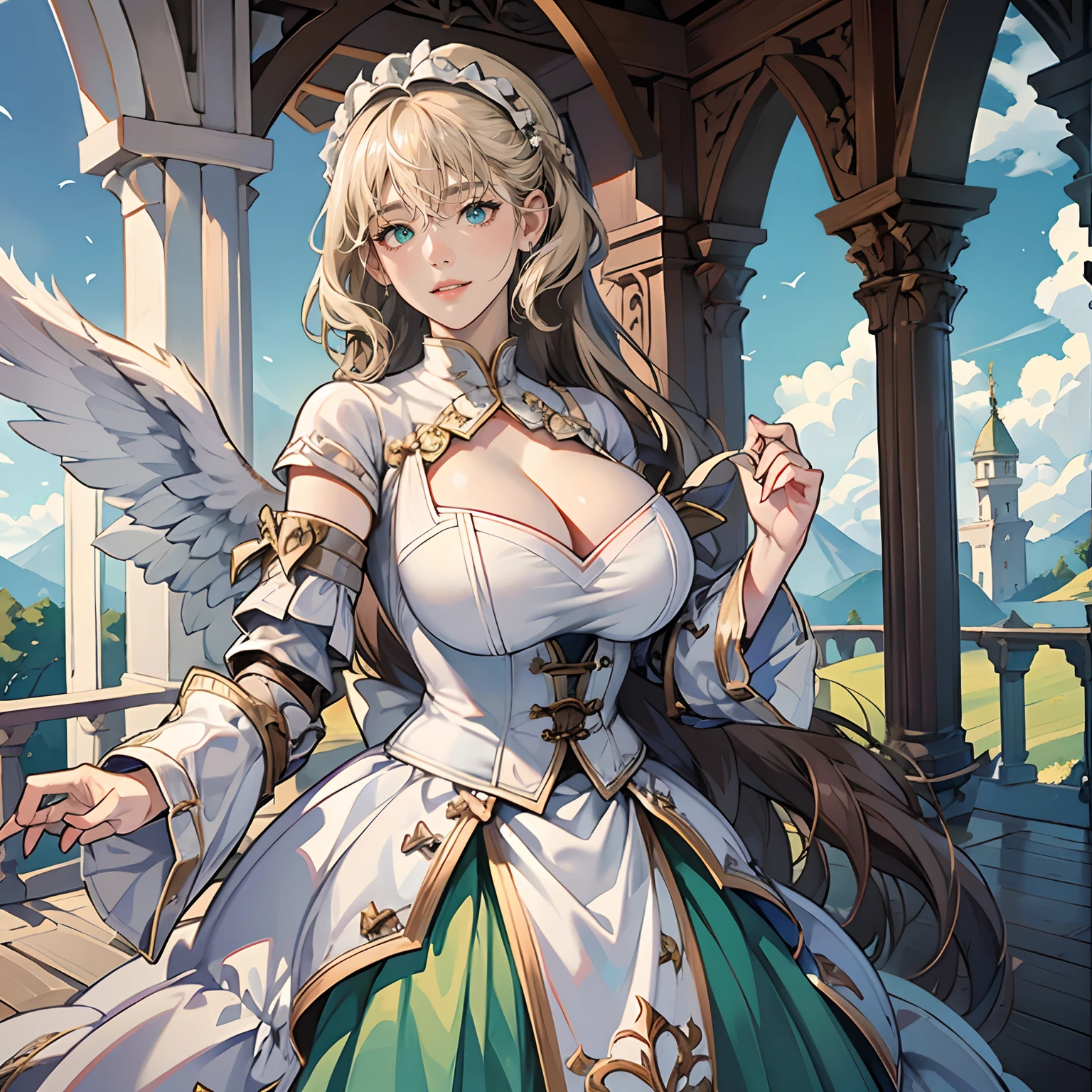 Women in Their 20s、angelicales、Angel Soldier、large white wings on the back、fantasy worlds、offcial art, unity 8k wall paper, ultra-detailliert, beautifly、Aesthetic, masterpiece, top-quality, Photorealsitic、detailed costume、depth of fields, Fantastic atmosphere, Calm palette, tranquil mood, Soft shading、Round face、plump figure、very large breast、Happy smile、Staring at this、Paladin、Woman knight、Dull silver armor、Blue-green eyes、platinum-blonde、Has a very large sword and shield:1.0、Big sword:2.0、in woods、short-cut、length hair、White fabric、dynamicposes、Green Plains、You can see the forest in the distance、You can see the castle at the top of the mountain、Beautiful natural scenery、majestic view
