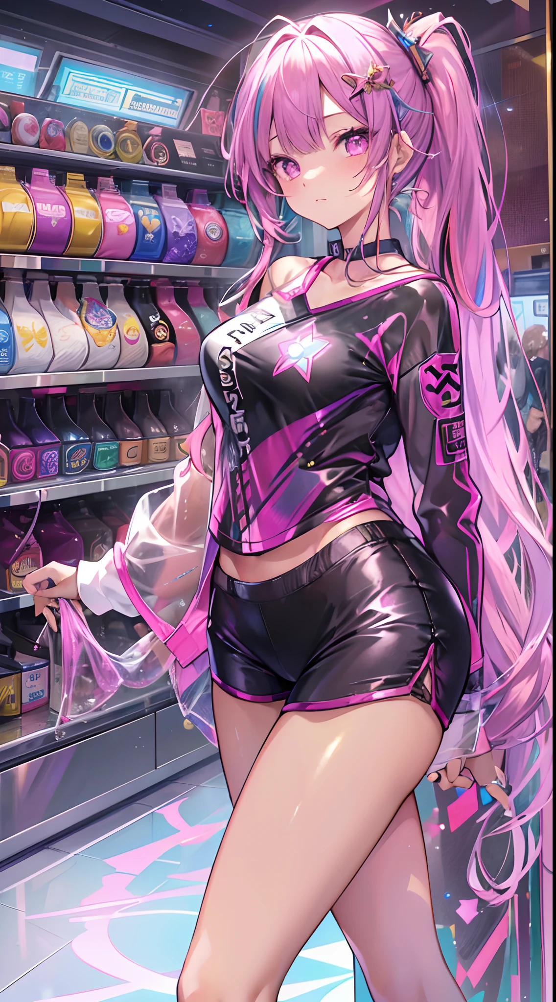 ((Masterpiece)), best quality, absurderes, ultra detailed, holographic, cowboy shot, golden ratio, super cute girl, mature girl, idol girl, super beautiful asian girl with very beautiful violet glowing eyes, beautiful glowing brown multicolored hair, high ponytail, nice and sexy body, slim body, perfect body, an anime printed super tight off shoulder long sleeve crop top, a super aesthetic transparent mini jacket, beautiful hair ornament, pink jordan tennis, being photographed in a mall shop,( undressing, showing neon pink panties, showing thong: 1.5), showing ass,