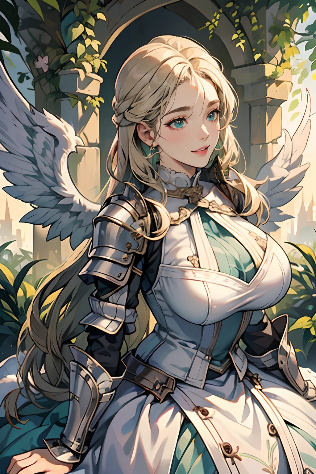 Women in Their 20s、a female angel、Female Angel Soldier、large white wings on the back、large white wings、Swan wings、wings on both sides of the body,,、3 pairs of wings、fantasy worlds、offcial art, unity 8k wall paper, ultra-detailliert, beautifly、Aesthetic, ​masterpiece, top-quality, Photorealsitic、detailed costume、depth of fields, Fantastic atmosphere, Calm palette, tranquil mood, Soft shading、Round face、plump figure、very large breast、Happy smile、Staring at this、Paladin、Woman knight、Dull silver armor、Blue-green eyes、platinum-blonde、Has a very large sword and shield:1.0、Big sword:2.0、in woods、short-cut、length hair、White fabric、dynamicposes、Green Plains、You can see the forest in the distance、You can see the castle at the top of the mountain、Beautiful natural scenery、majestic view