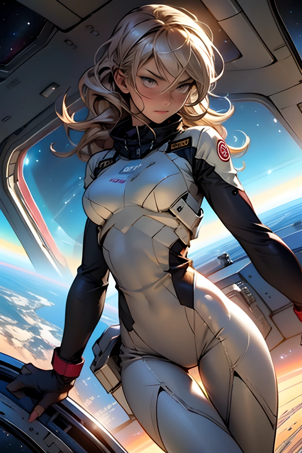 sandy hair fit body large breasts slender thighs slender waist pilot suit solo looking at viewer in space long hair blushing determination, 8k, extreme detail,