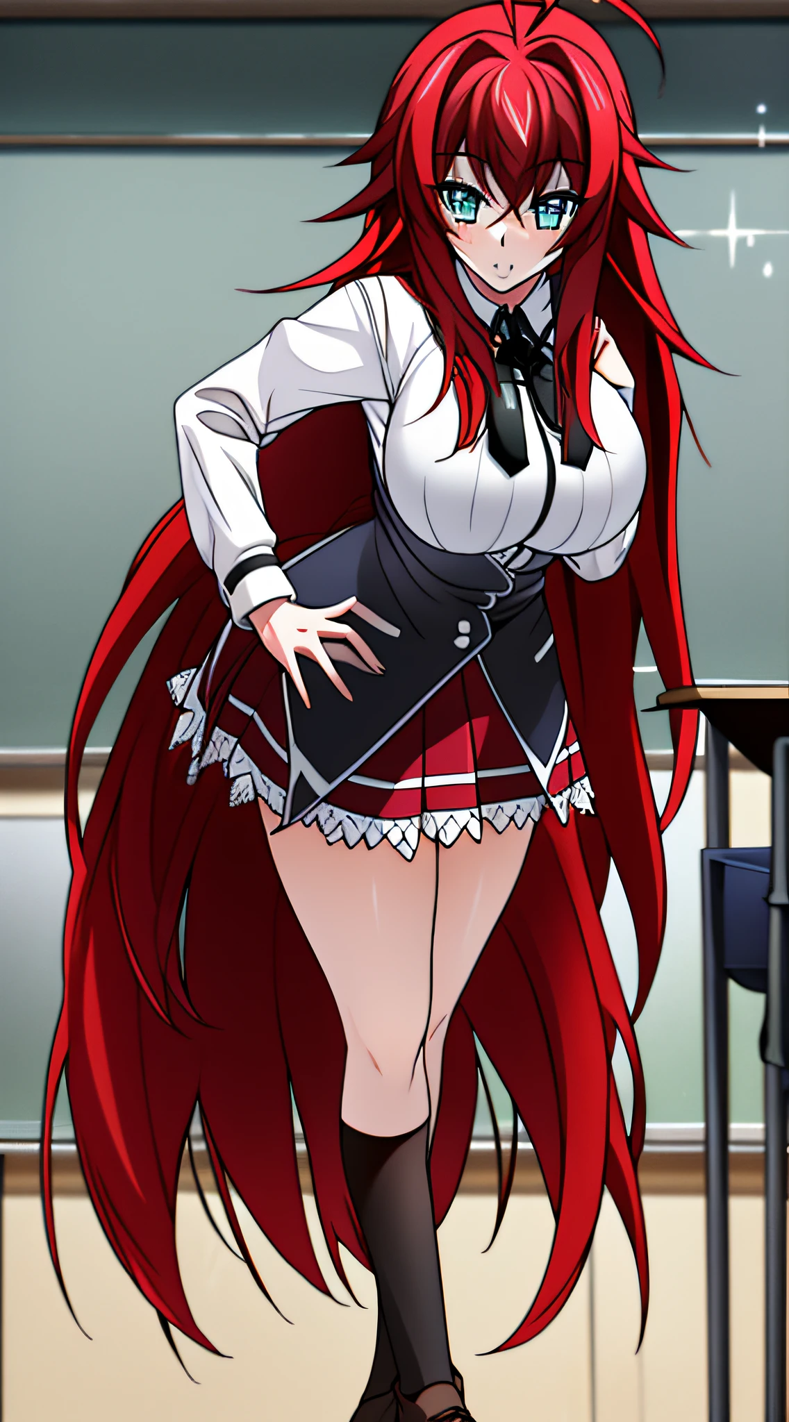 masterpiece, best quality, ultra-detailed, hires,  beautiful, detailed hair and eyes, 1girl, red hair, long hair, ahoge,rias gremory dxd, very long hair,  blue eyes, large breasts, dxd clothes:1.4), school uniform, skirt, white shirt, (white socks), black boots, red skirt, full body, standing, hand on breasts, detailed background, (school  classroom:1.3),