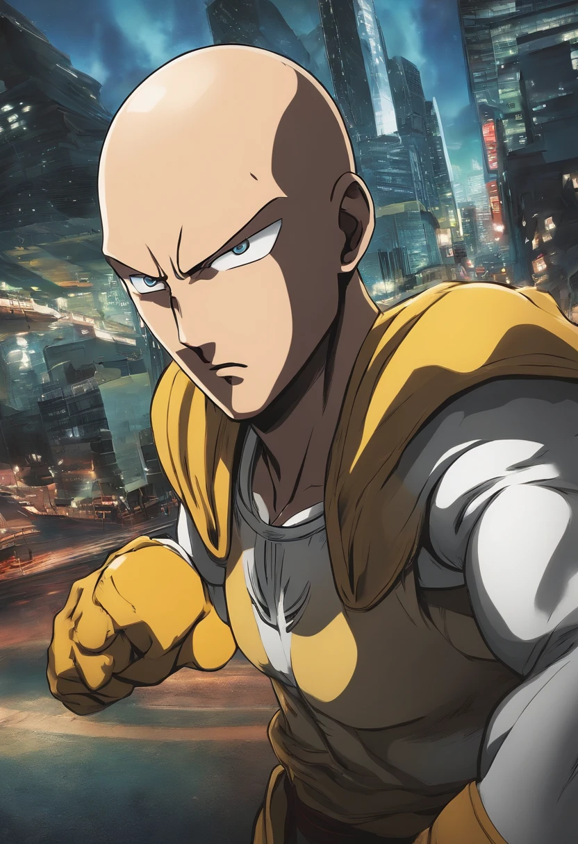 personagem do anime one punch andava pela cidade  quando avista um montro