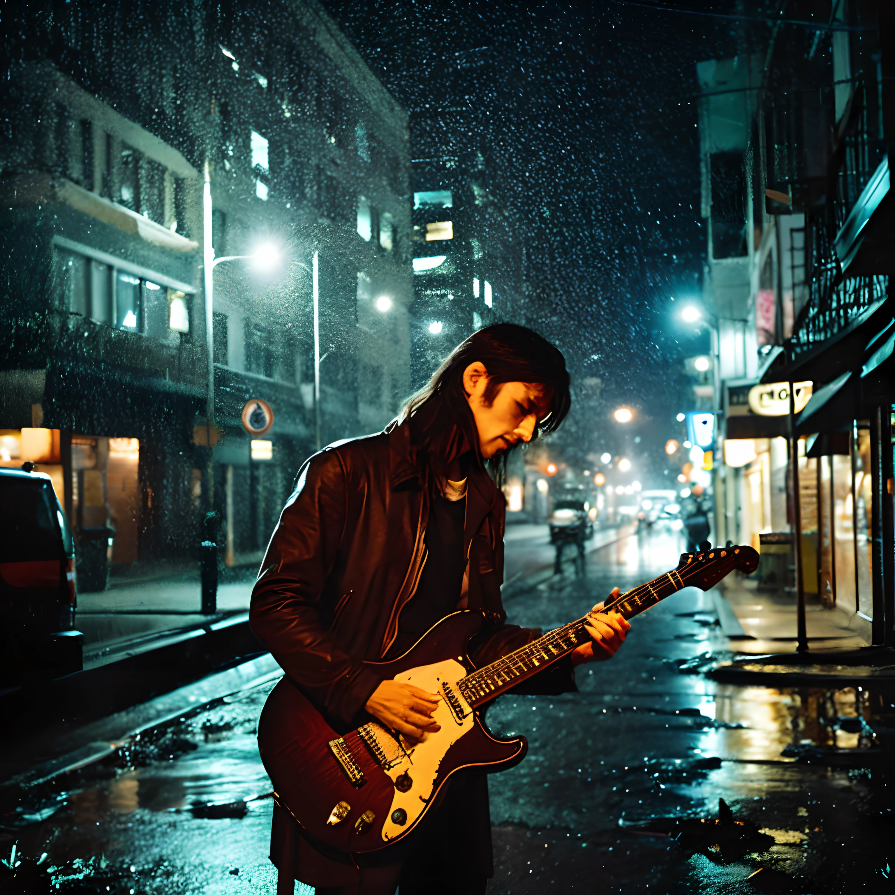 man with long hair, torn clothes, playing guitar in a deserted street, at night, with papers flying, city in ruins, rain of fire in the background, muted colors, rice paper texture