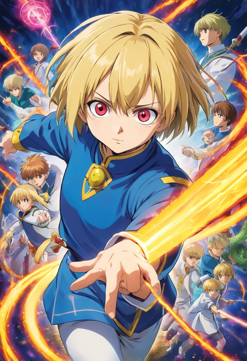 anime boy, chibi style, Beautiful, with blue eyes,blond hair, wear a full body monkey pajamas,2D anime style, anime fund