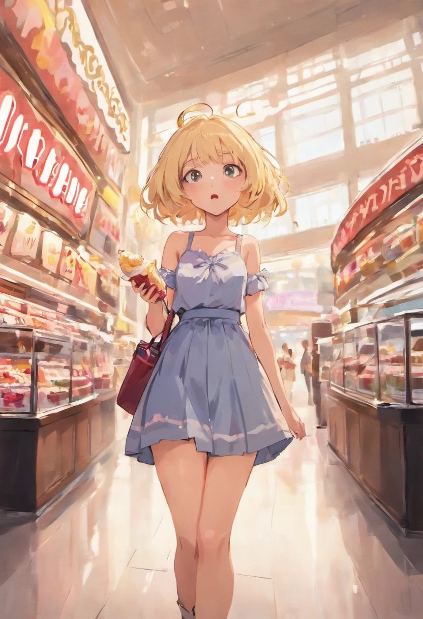 arte estilo anime, Tall blonde girl with large bust on a walk in the mall with an ice cream in hand, Her hair is short and she wears a skirt