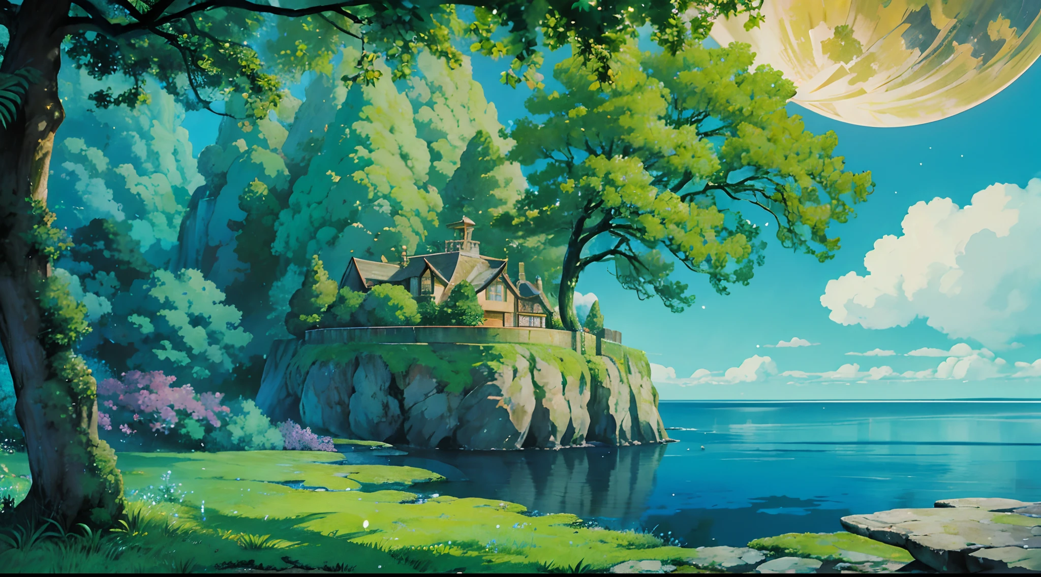 animesque、Skyscape with clouds、Landscape without buildings、You can see the touch of the brush、Studio Ghibli、Ghibli、Scenery、Style、Golden Time、 Create a Ghibli-style Mac OS background wallpaper of a fairy flying island on the sea. The island is lush and green, with trees, flowers, and waterfalls. A nature bathtub made of wood and stone is nestled in a clearing in the forest. Fairy flowers are scattered around the bathtub and glow in the night sky. The crescent moon shines brightly, and the stars twinkle in the distance, make it colorful scene