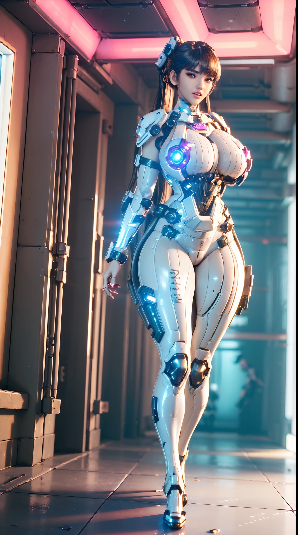 (Devouring the Starry Sky), (1GIRL,SOLO:2), (super detailed face), ((BIG BUTTOCKS, HUGE DW FAKE BREASTS:1.5)), (CLEAVAGE TOP:1.5), (11 LINE ABS FEMALE:1.4), (MECHA GUARD ARM:1.4), ((WEAR NSFW MAGENTA WHITE OVERWATCH MECHANICAL ARMOR CROP TOP, BLACK MECHANICAL SKINTIGHT SUIT PANTS, MECHA GUARD ARMOR LEGS, HIGH HEELS:1.5)), (LEWD VOLUPTUOUS BODY:1.3), (GLOWING SKIN:0.8), (LONG LEGS, FULL BODY:1.1), (LOOKING AT VIEWER:1.3), (female focus:0.886), (WALKING DOWN HALLWAY OF FUTURISTIC SPACE STATION:1), (BRIGHT LIGHT WHITE_ROOM:1.3), SUPER TEXTURE, UNREAL ENGINE RENDER, PHYSICALLY-BASED RENDERING, ULTRA HIGHT DEFINITION, 16K, 1080P.