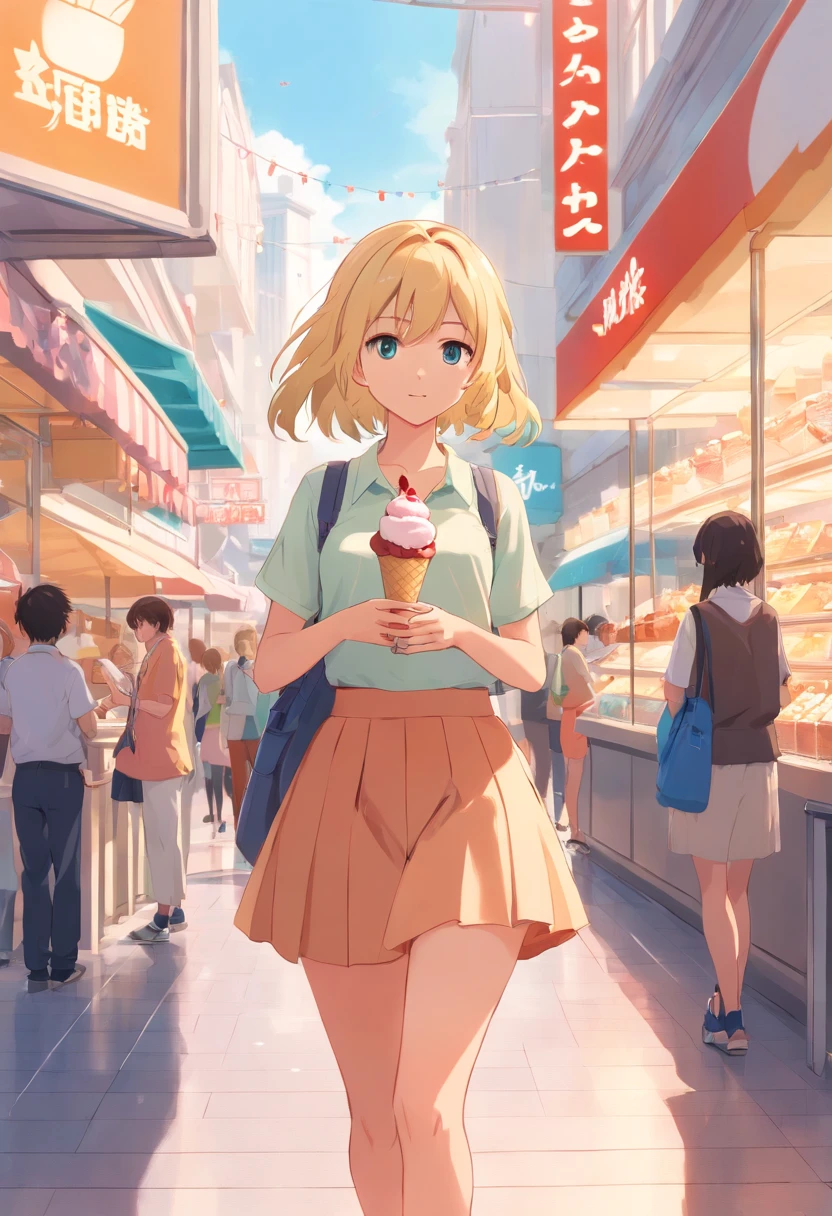 arte estilo anime, Tall blonde girl with large bust on a walk in the mall with an ice cream in hand, Her hair is short and she wears a skirt