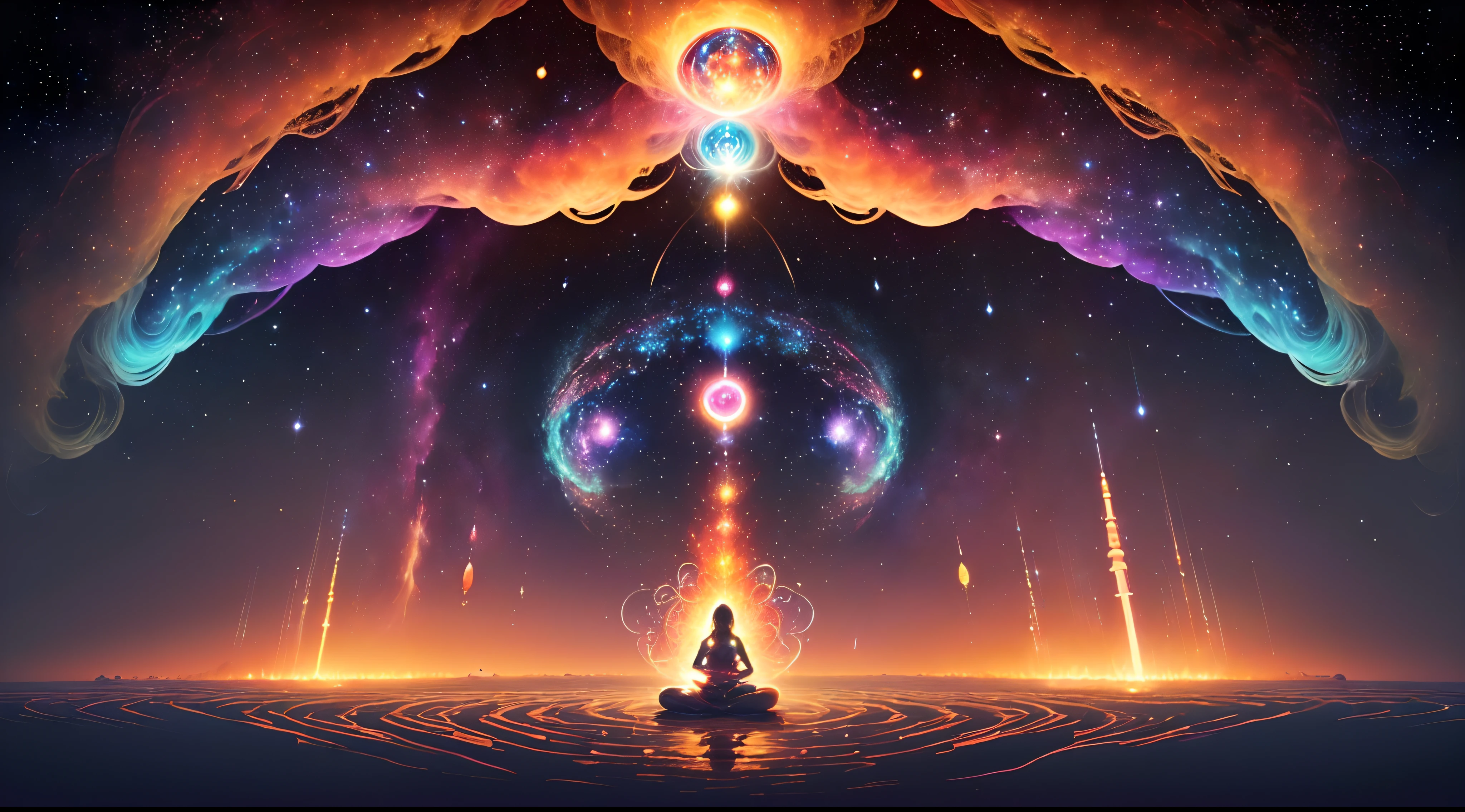 (((In the vast cosmic expanse, A girl in the lotus position meditating, a pink-orange glow, with the seven chakras shining in their traditional colors, radiating light and love, the colors of the chakras blend with the cosmos and the universe, stars, and cosmos, expanding, reaching nirvana, in cinematic scene, realistic imagevisualize the seven chakras as radiant, interconnected energy centers suspended in the universe. Each chakra is represented by a mesmerizing explosion of color and light, harmoniously aligned in a formation vertical. The universe serves as a celestial sky canvas, with galaxies, stars and cosmic phenomena forming a breathtaking backdrop. Capture this transcendent moment with a 135mm+ lens for realistic photography, emphasizing the intricate details of the chakras and cosmic wonders that surround them. The resolution must be 8K, ensuring exceptional clarity in the chakras and cosmic vision.)))2. Art Image:```vbnet(((Enter a realm of cosmic spirituality where the seven chakras are transformed into ethereal and celestial entities. Suspended in the cosmic void, each chakra radiates its unique energy and symbolism, creating a harmonious dance of colors and lights.The universe itself is a surreal dreamscape, with swirling galaxies, nebulae and cosmic images.