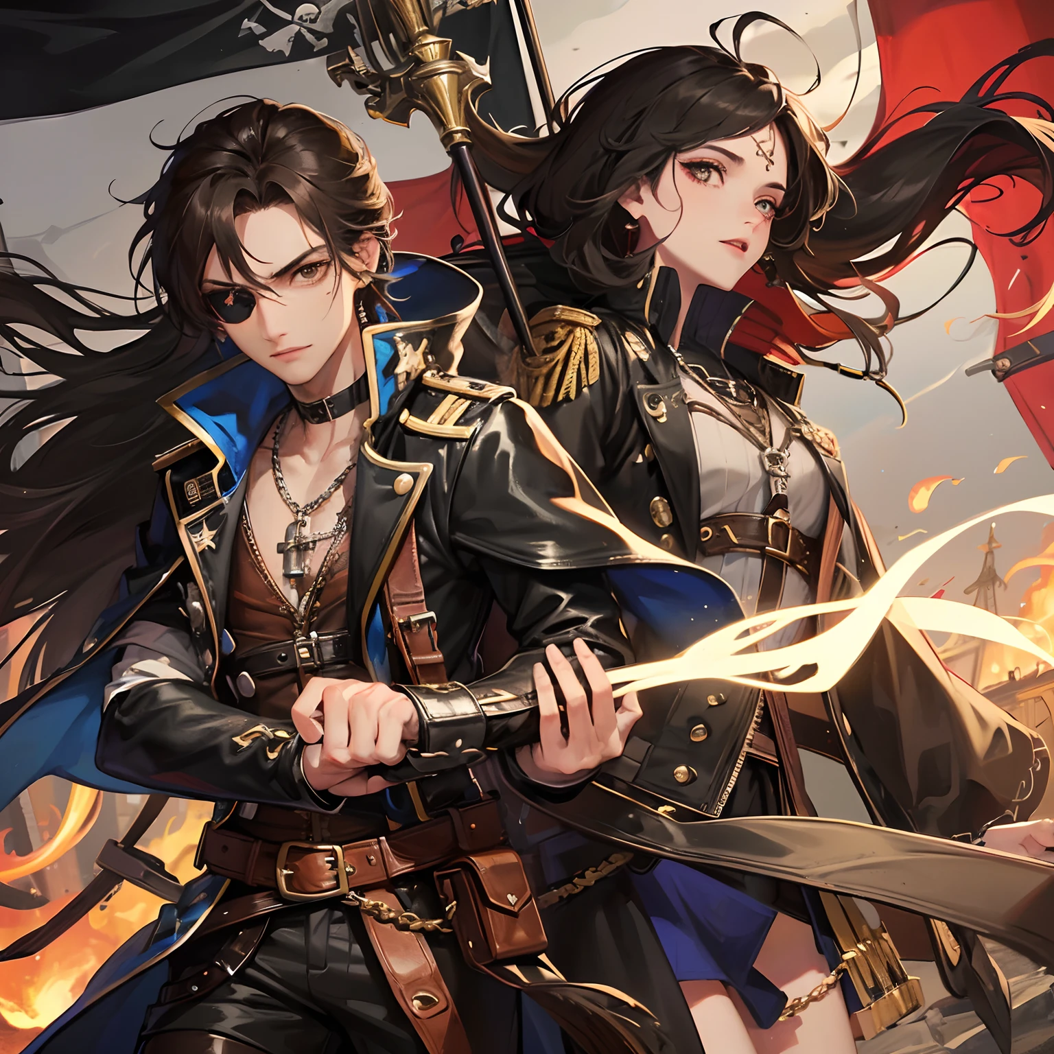 Mujer hermosa has long dark hair that blows in the wind. His eyes are deep and mysterious, dark brown.
He wears an elegant pirate outfit, with a black leather jacket decorated with gold details and brass buttons.
He wears a crossbody bag with a black pirate flag fluttering in the wind. The flag has the skull and crossbones, a symbol of their loyalty to the pirate spirit.
Over his right eye, he wears a classic pirate eyepatch that gives him an air of mystery, while over his left eye, he proudly displays a pronounced scar running down from his forehead to his cheek.
On his neck, he wears a kick cross pendant, a symbol that represents his bravery and intrepid spirit. The cross is adorned with silver details
In one hand he holds the planet Earth firmly, with the region of Latin America (LATAM) highlighted in red, symbolizing his connection to the region and his adventurous spirit