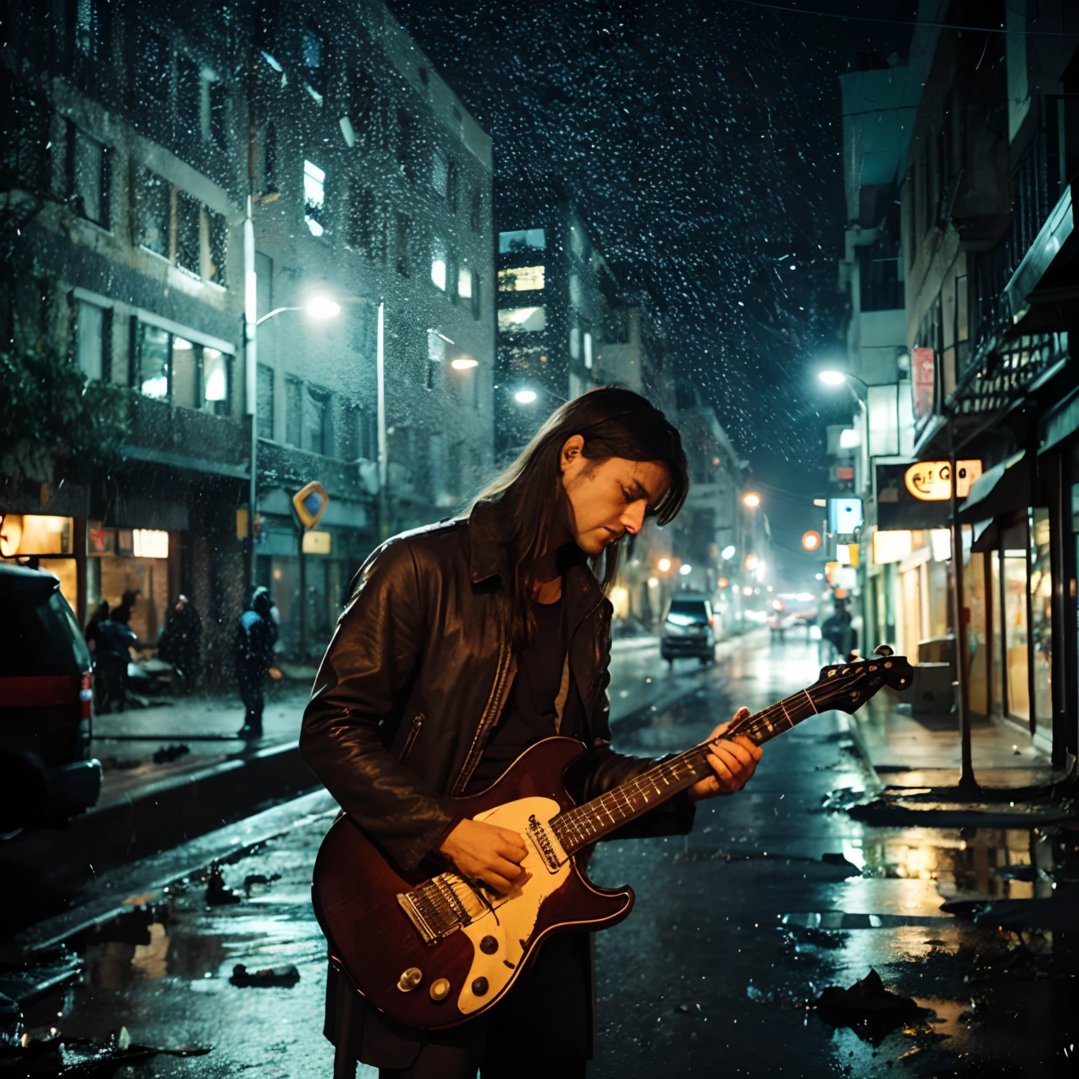 man with long hair, torn clothes, playing guitar in a deserted street, at night, with papers flying, city in ruins, rain of fire in the background, muted colors, rice paper texture